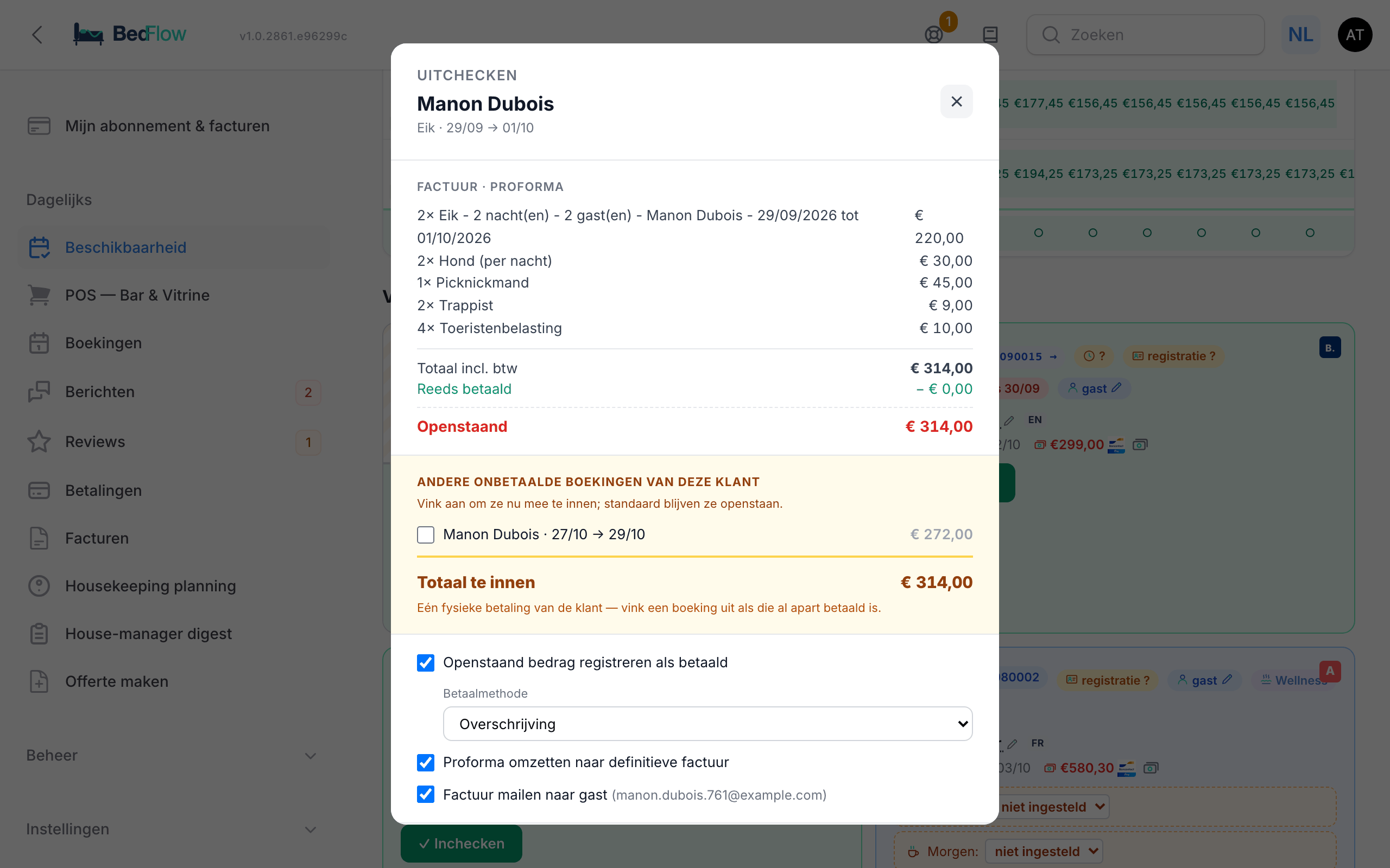 Het uitcheckvenster met de factuur, het openstaande bedrag, de betaalmethode en de vinkjes