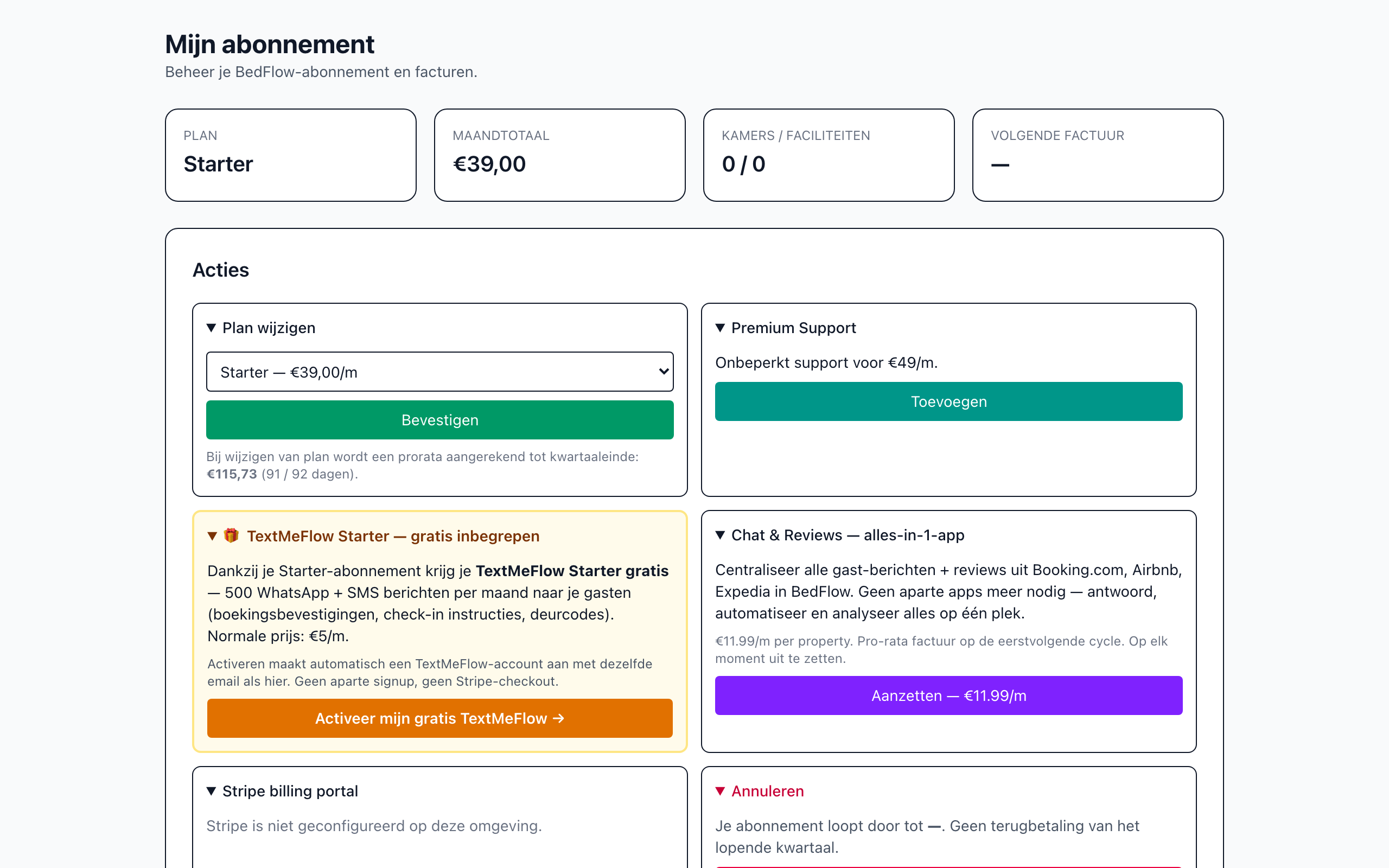 Die Seite Mein Abonnement mit Plan, Monatssumme und Aktionen