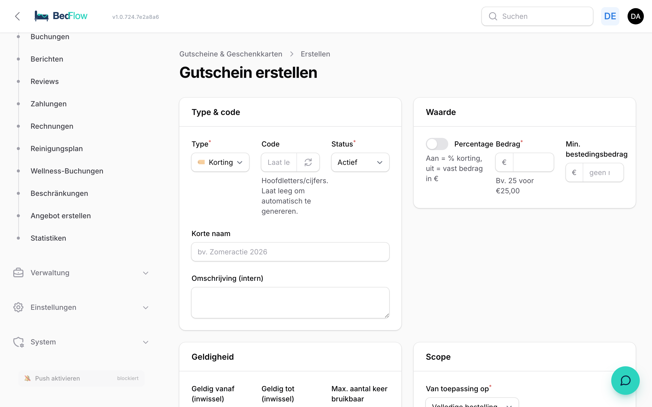 Das Gutschein-Anlegeformular