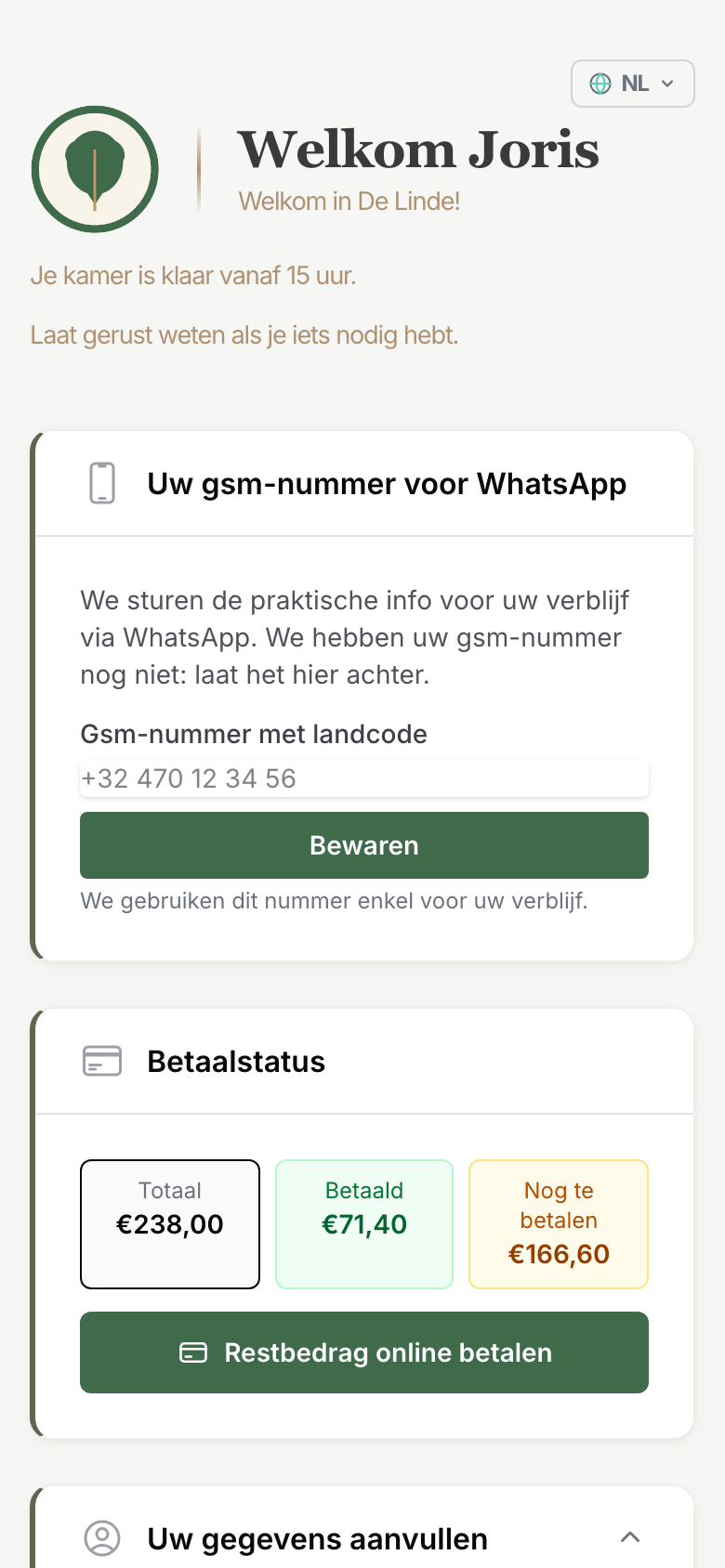 Die Gästeseite auf einem Smartphone, vor der Anreise