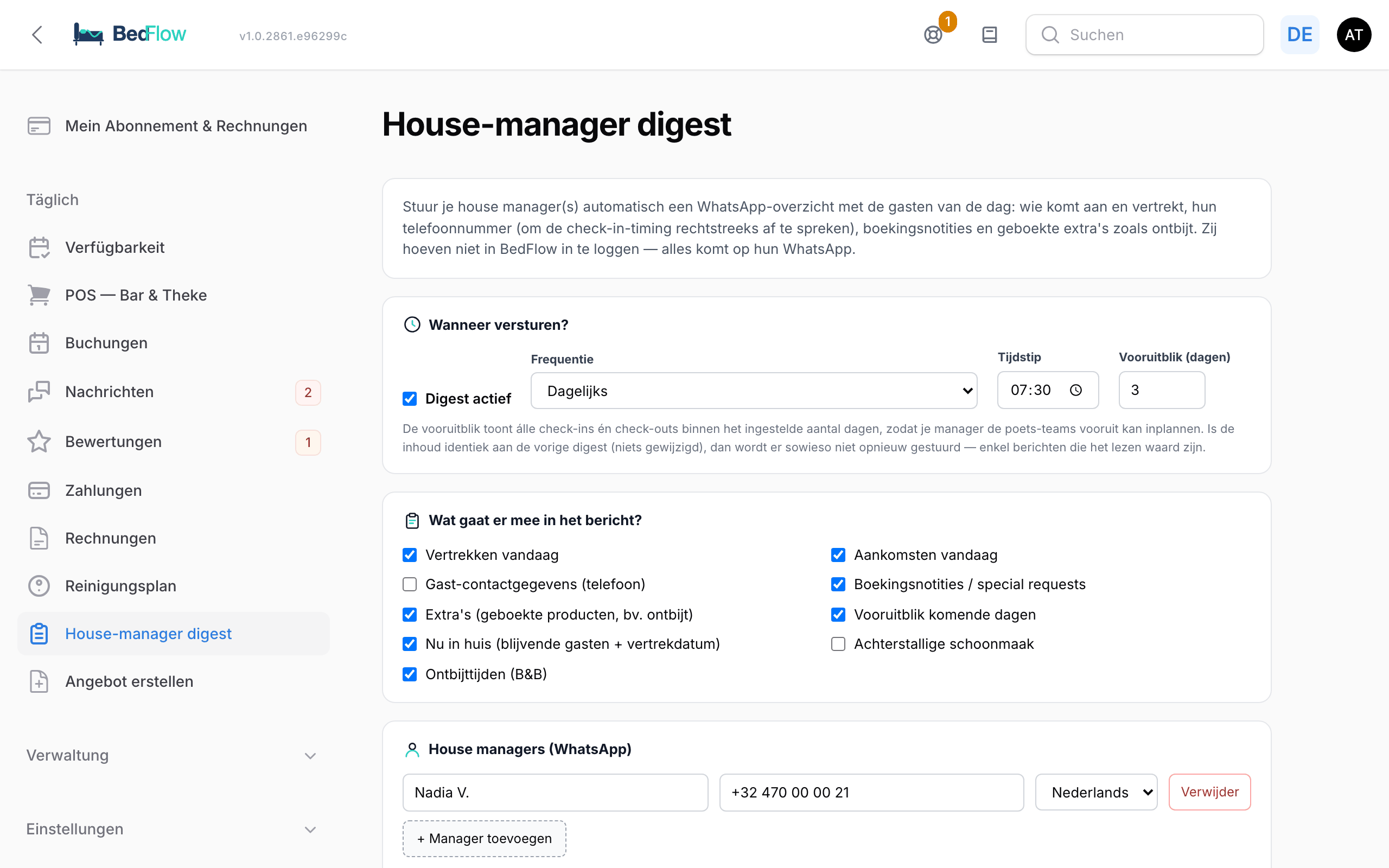 Die Seite House-Manager-Digest mit Uhrzeit, Abschnitten und Managern