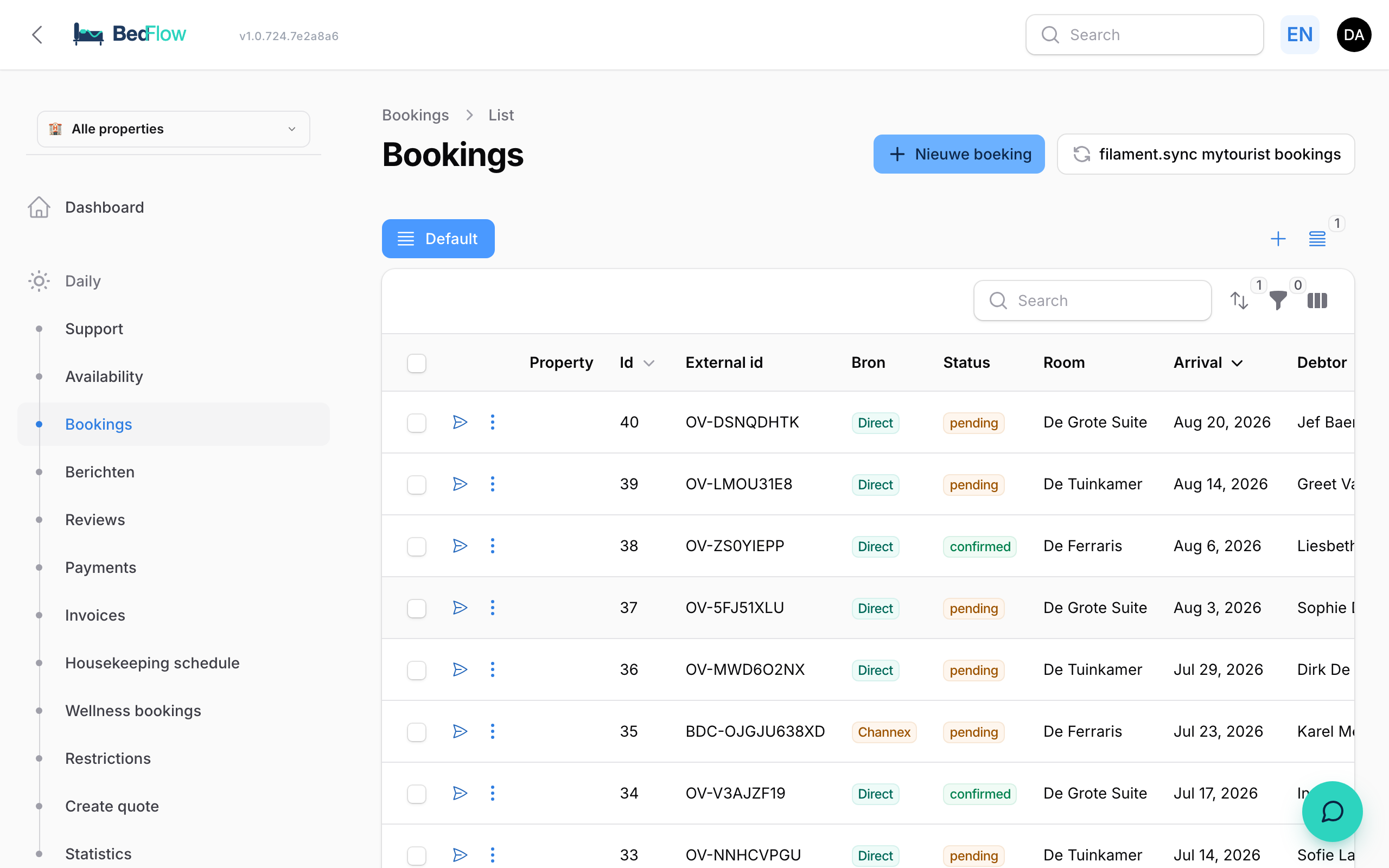 Bookings list with quick filters and search