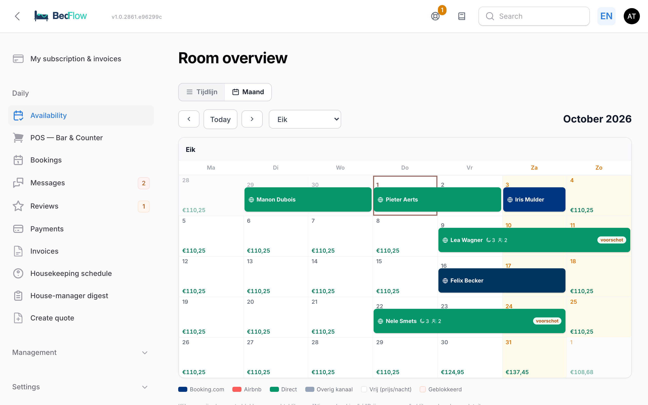 The room overview in month view with a band per booking