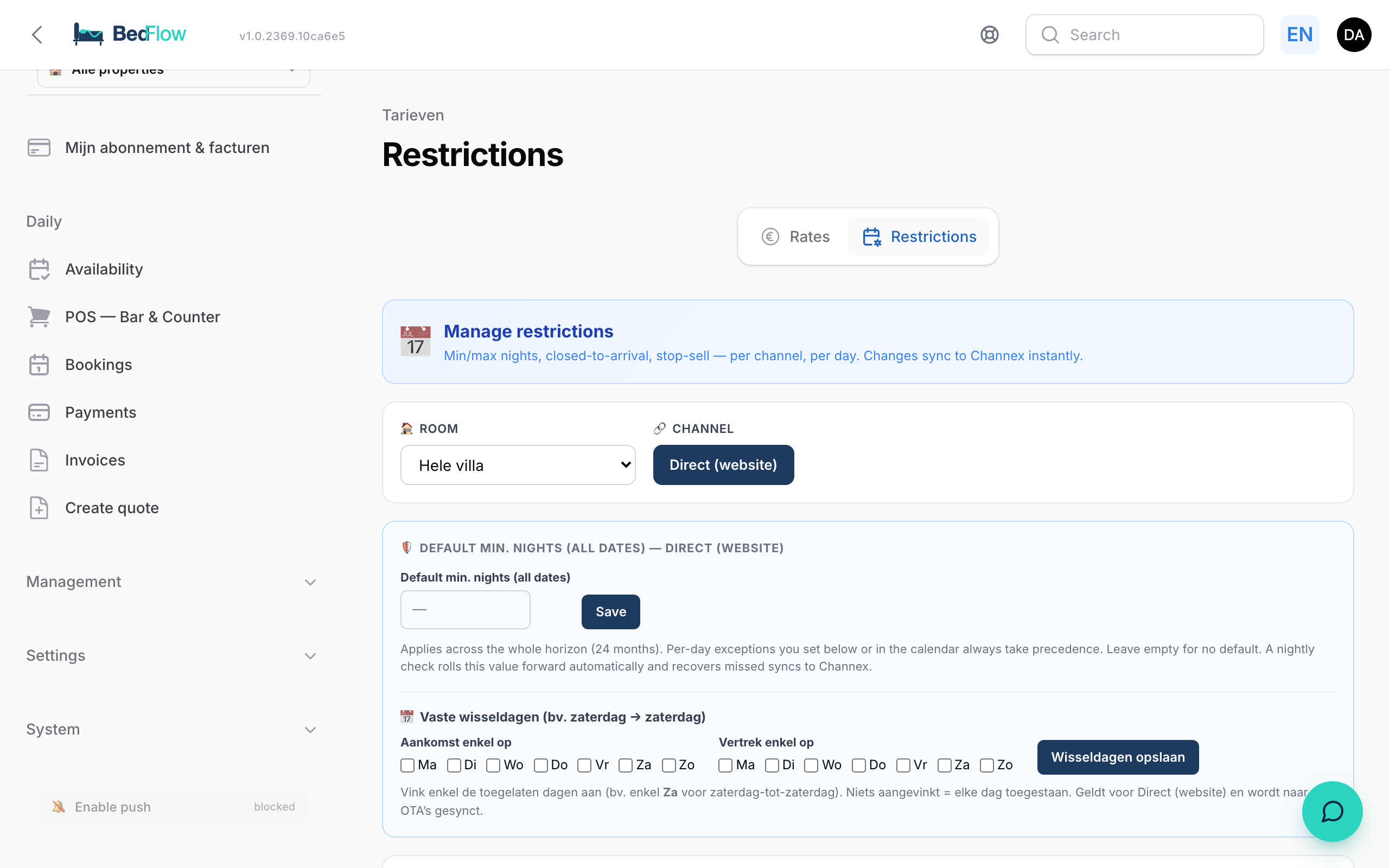 The fixed turnover days block on the Restrictions page
