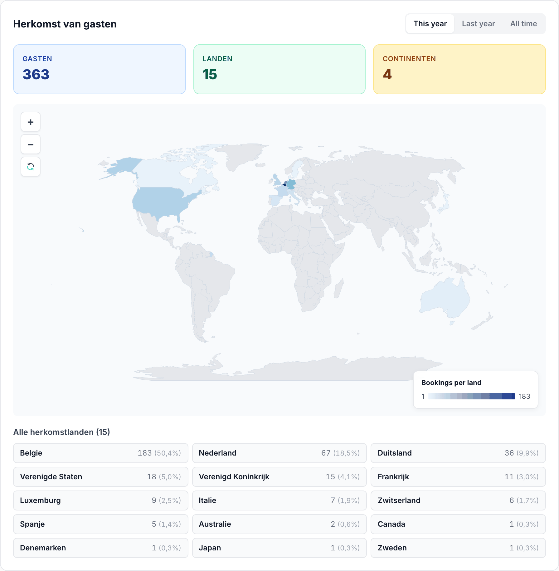 World map with the number of bookings per country and the list of countries