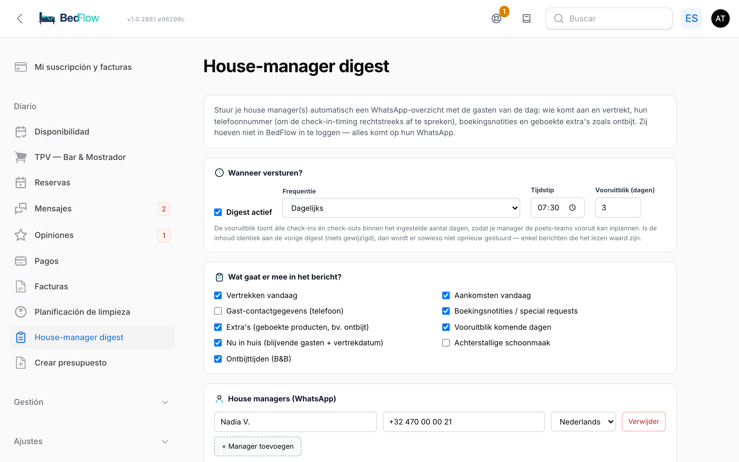 La página House-manager digest con la hora, las secciones y los managers