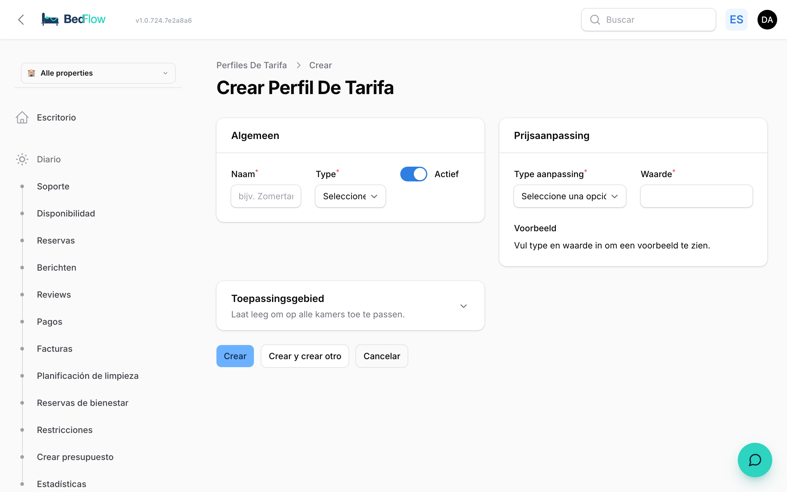 Crear una regla tarifaria — tipo, periodo e importe o porcentaje