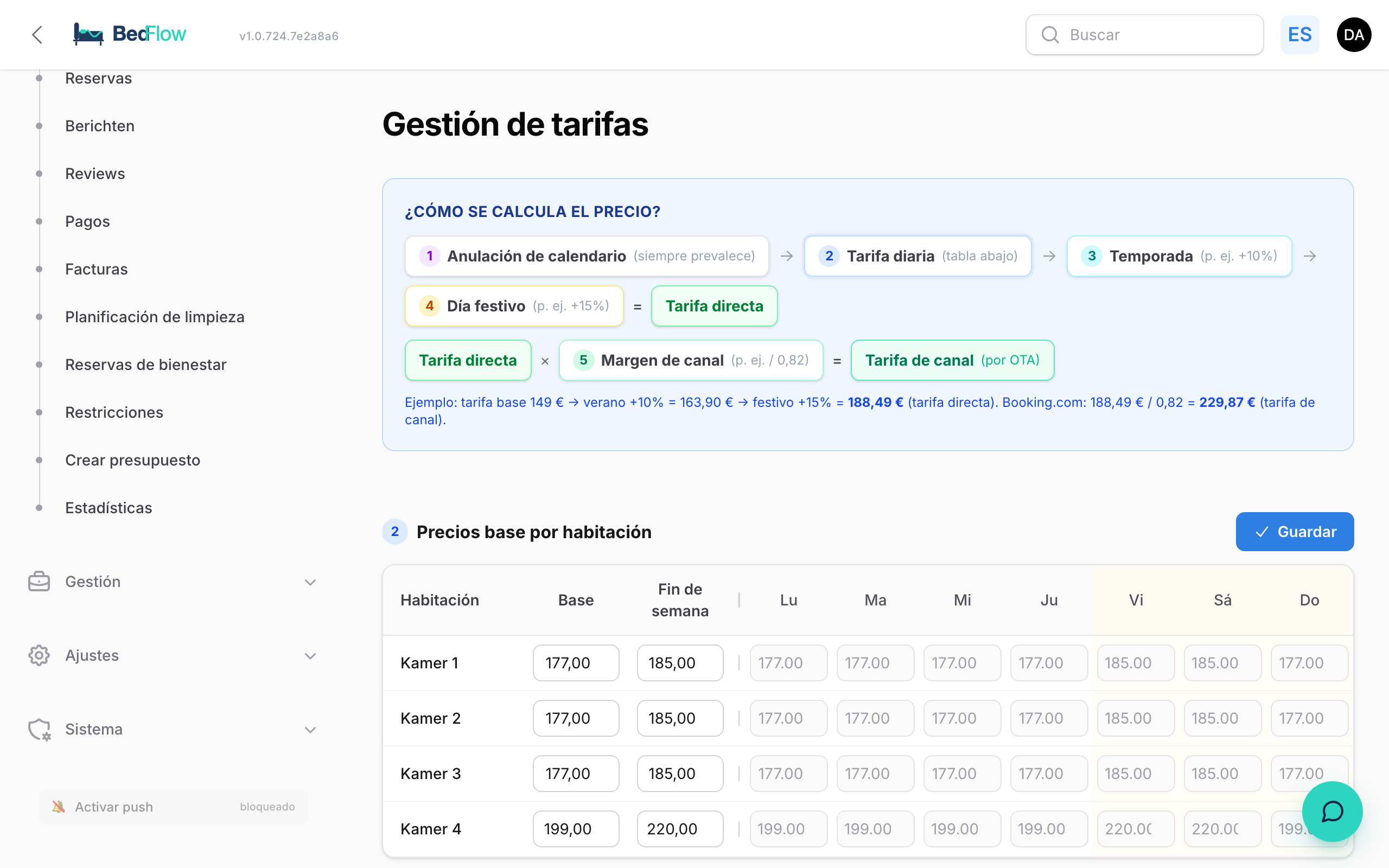 Gestión de tarifas — el motor de precios