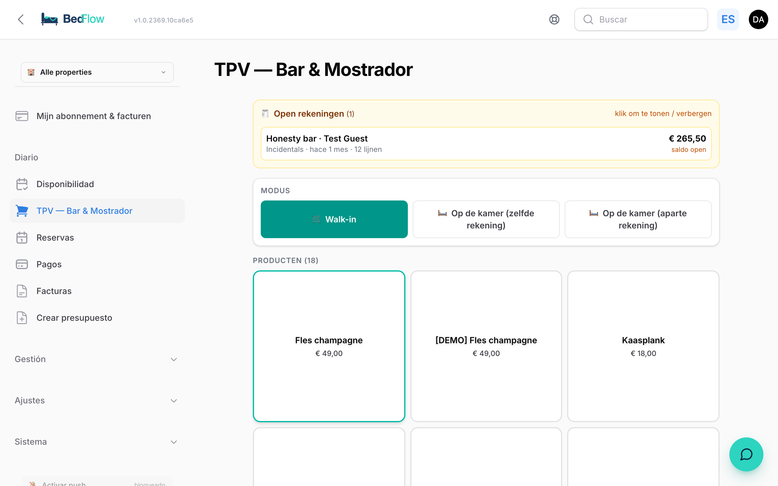 La página del POS con cuentas abiertas, selección de modo y cuadrícula de productos