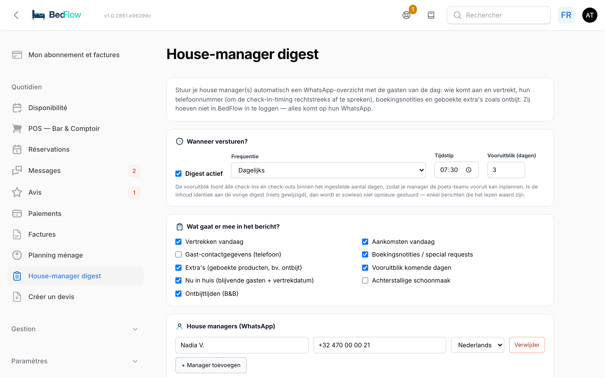 La page Digest house-manager avec l'heure, les sections et les managers