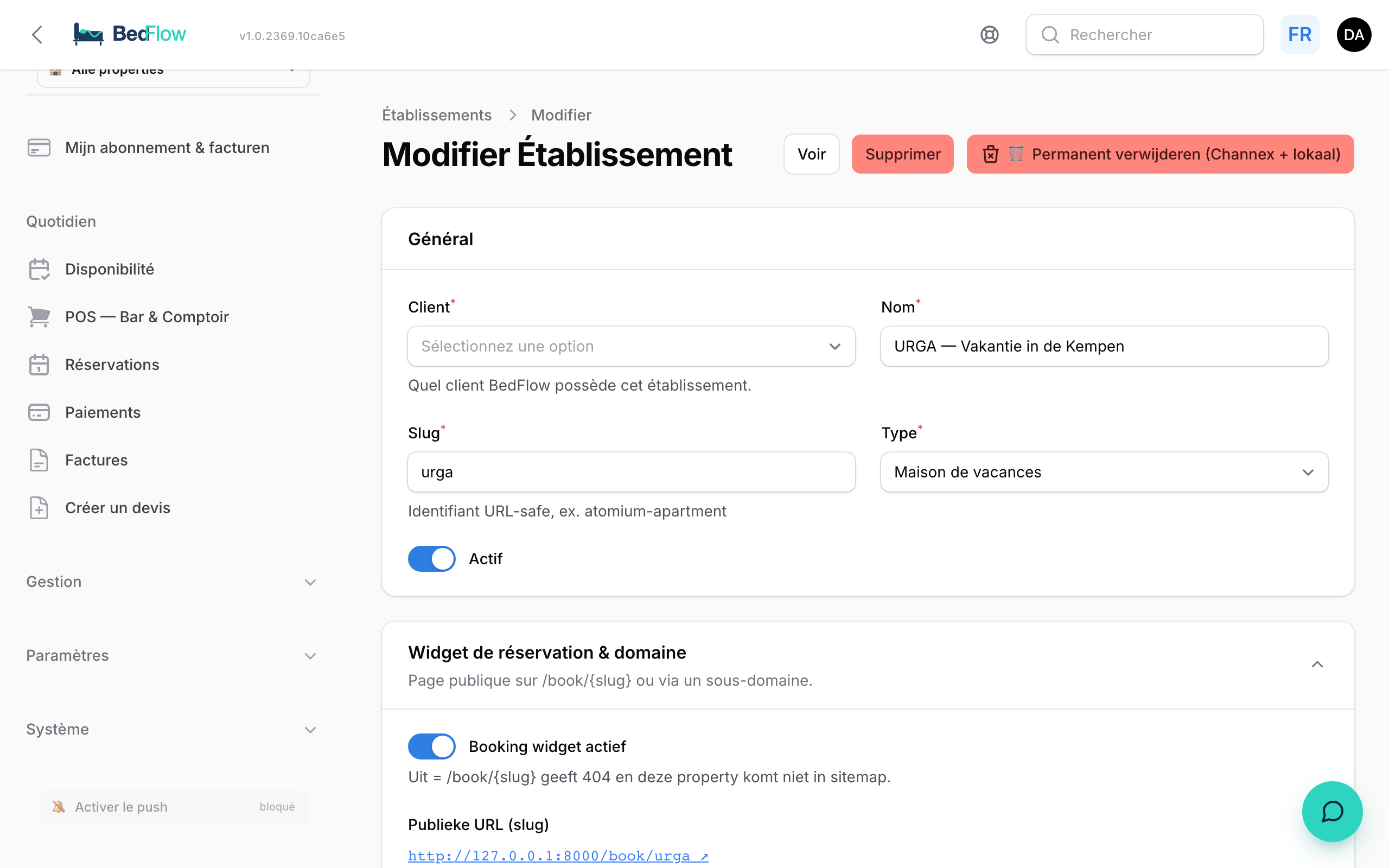 Le formulaire de l'établissement avec Type = Maison de vacances