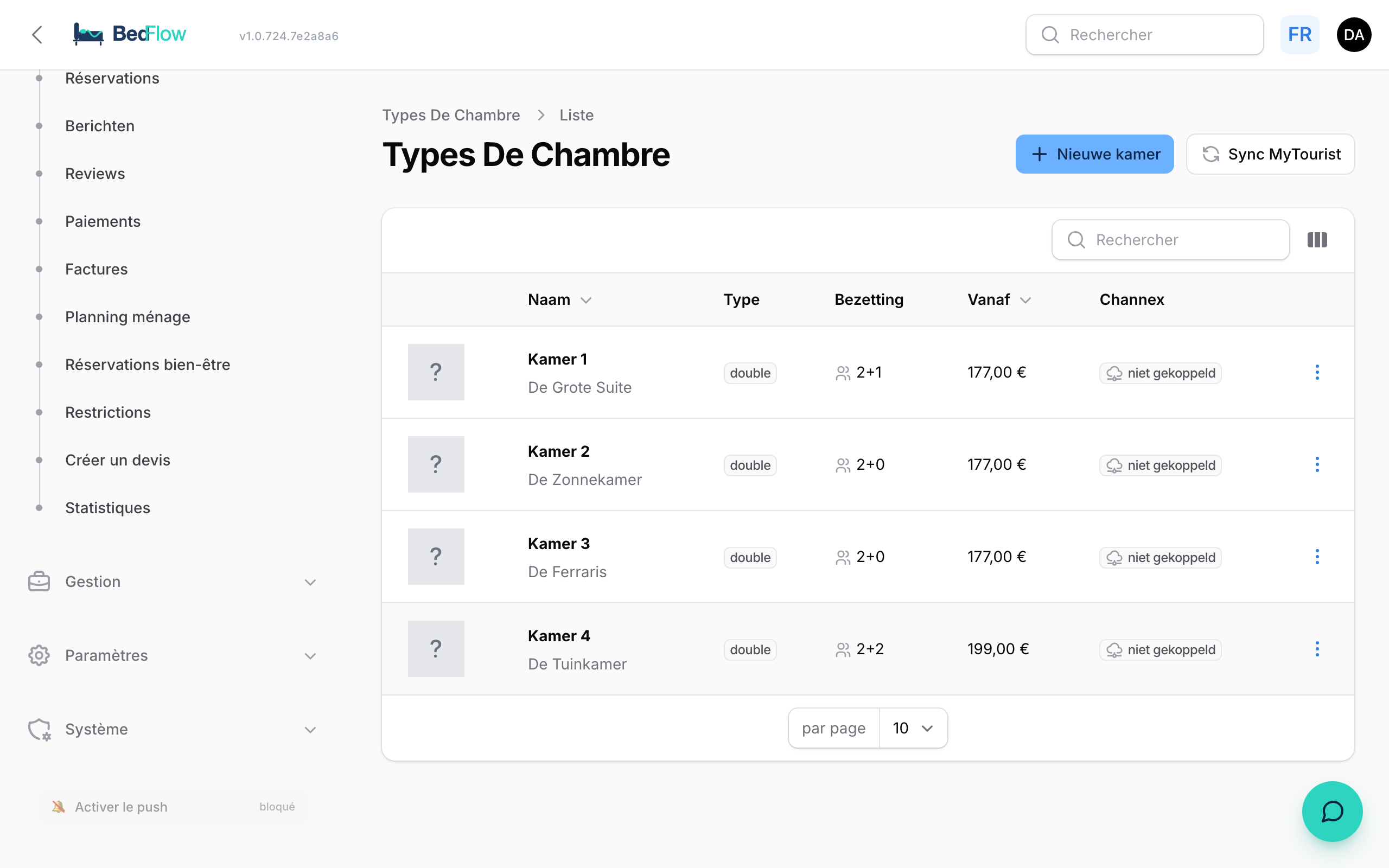 Liste des types de chambres dans BedFlow