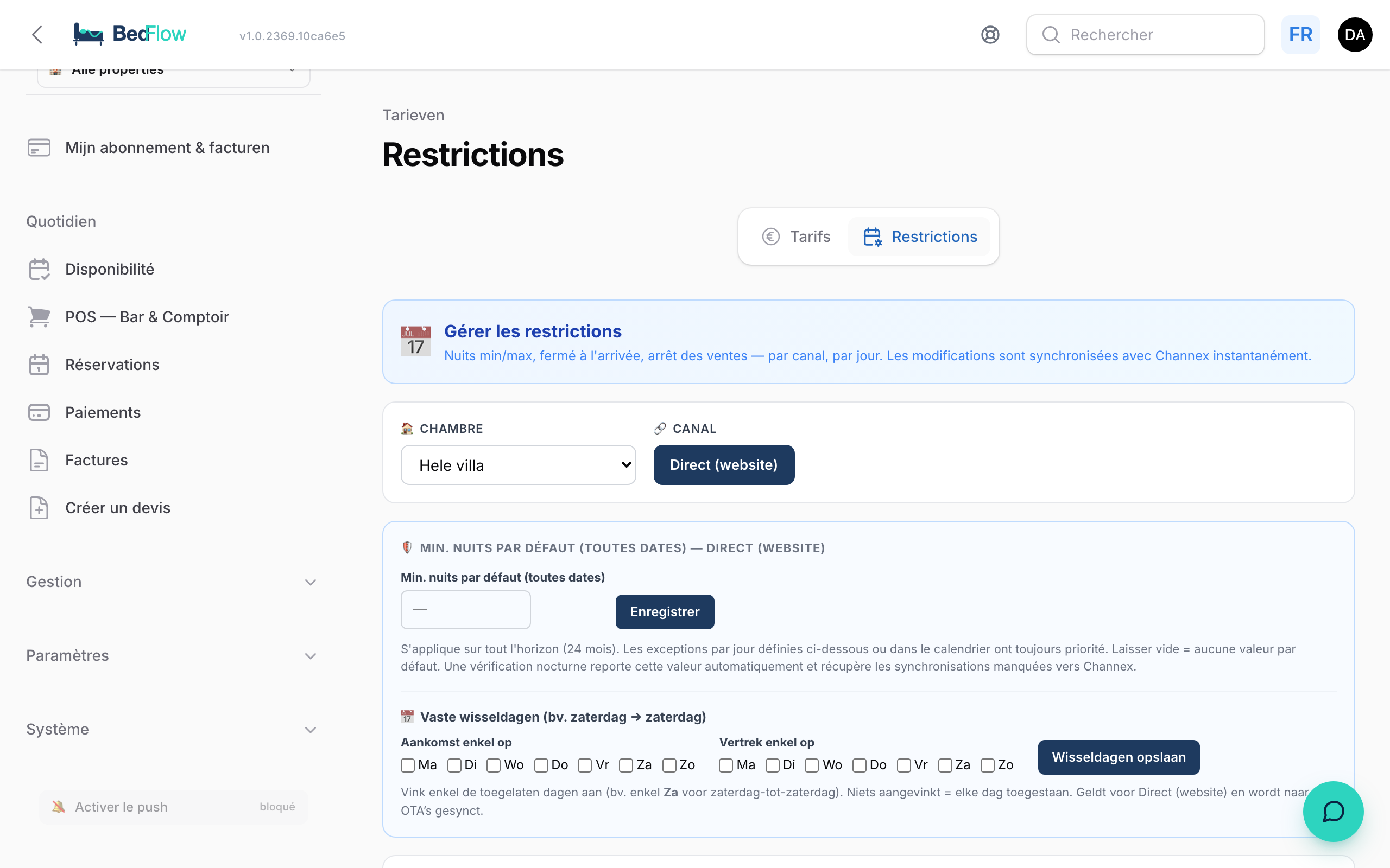 Le bloc des jours de rotation fixes sur la page Restrictions