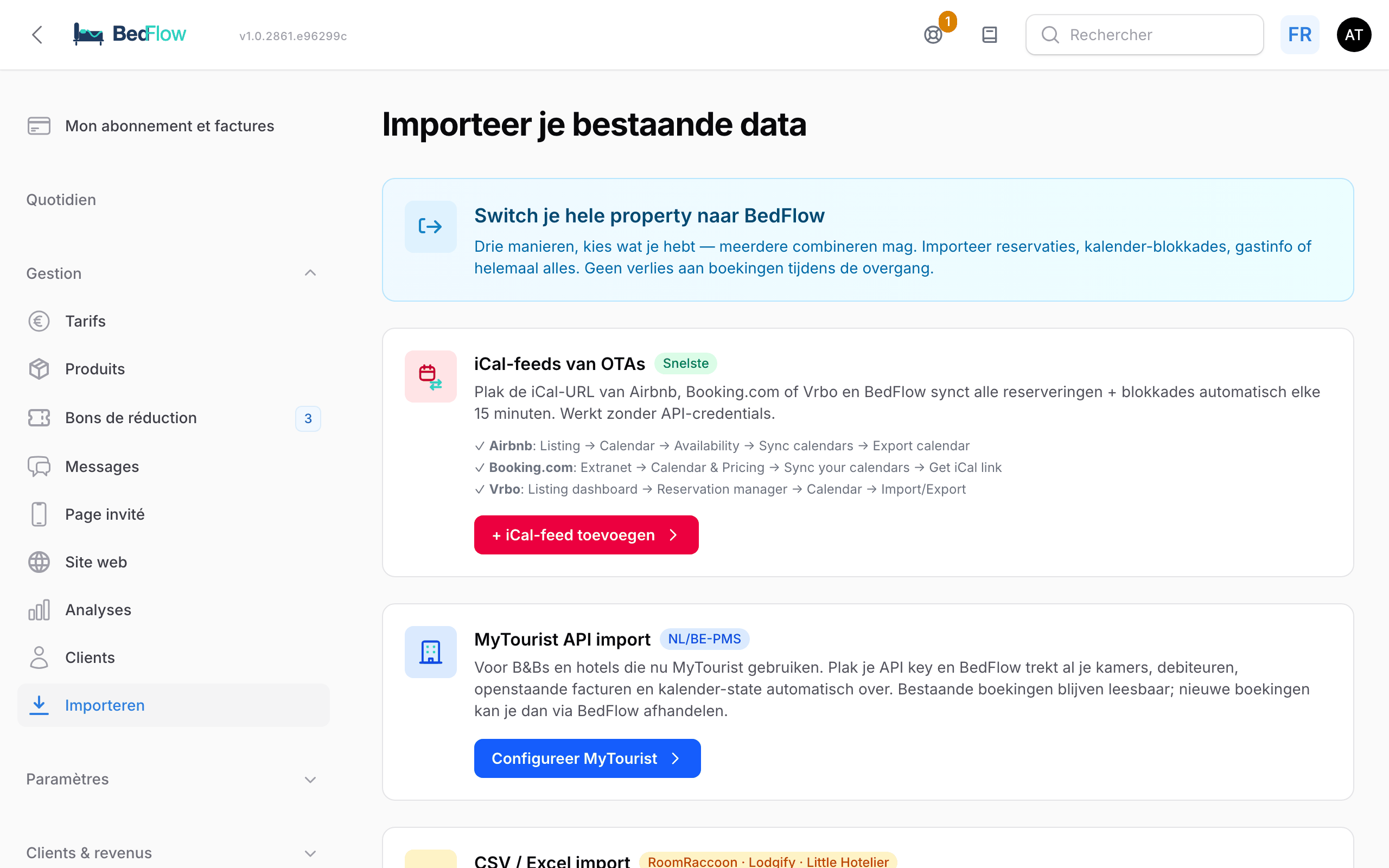 La page Importez vos données existantes avec quatre tuiles