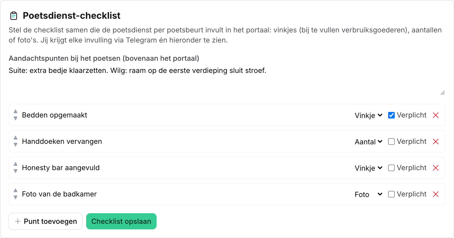 Het blok Poetsdienst-checklist met punten van het type Vinkje, Aantal en Foto