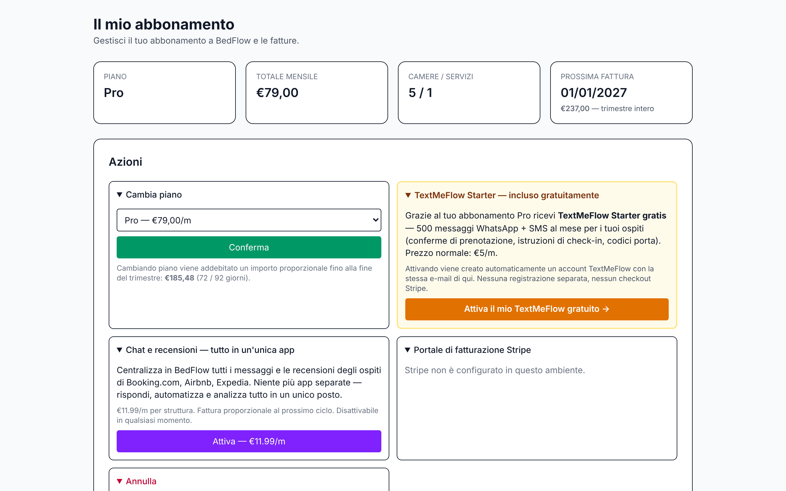 La pagina Il mio abbonamento con piano, totale e azioni