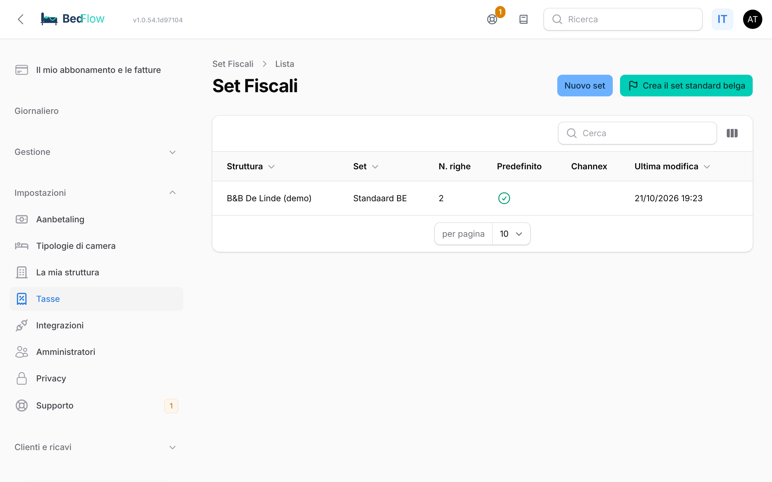 La pagina Set fiscali con il set predefinito della struttura