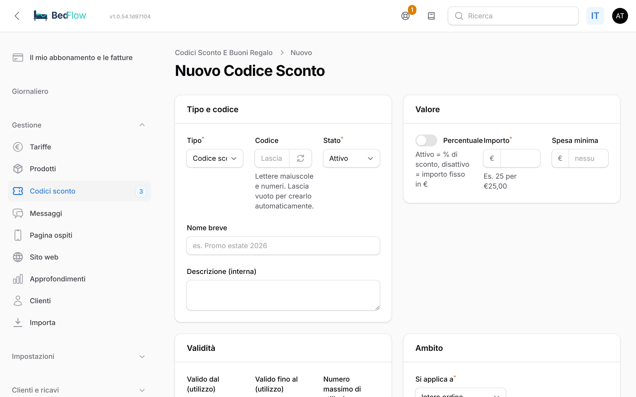 Il modulo per un nuovo codice sconto o buono regalo