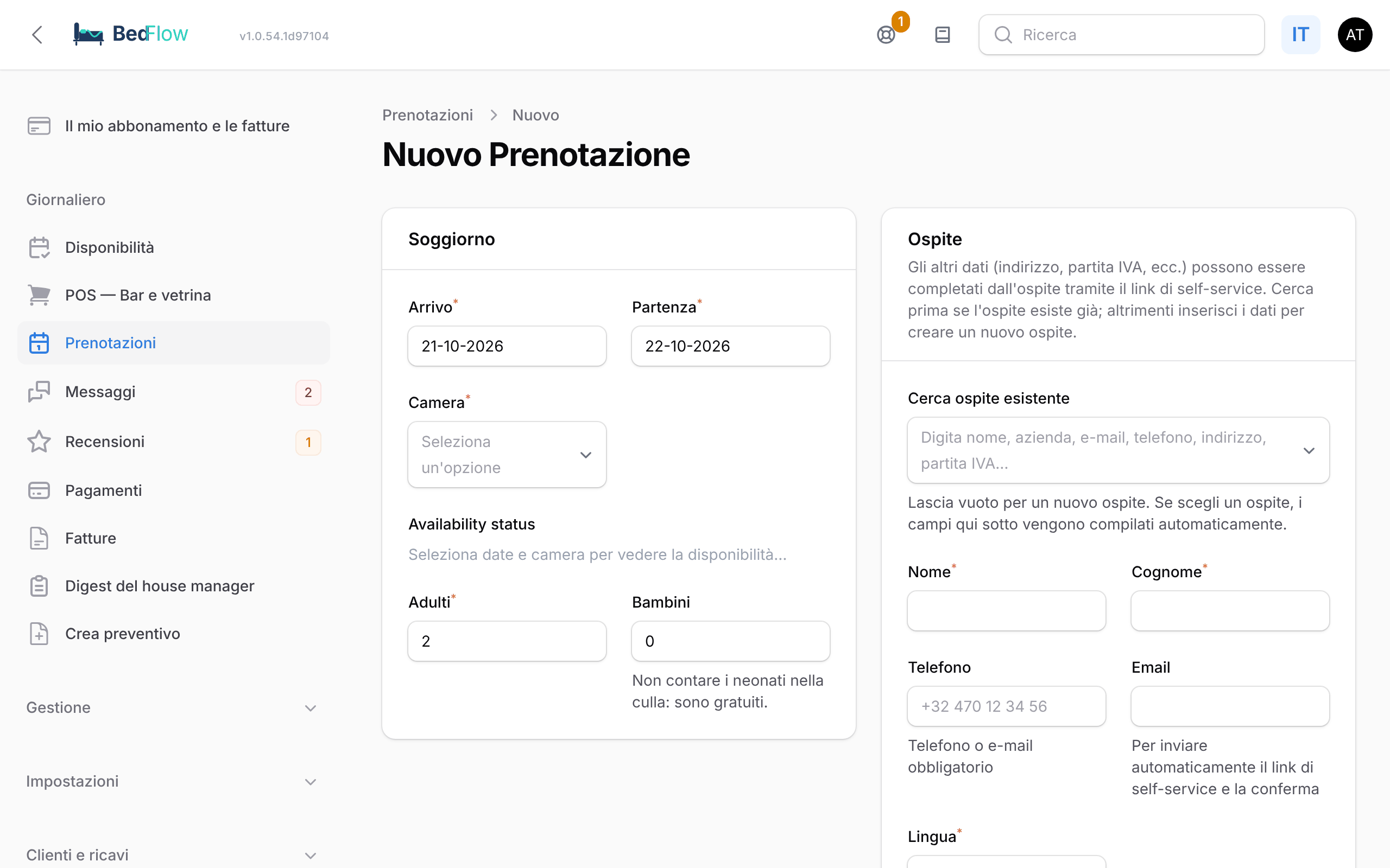 Il modulo per una nuova prenotazione con soggiorno, ospite e pagamento