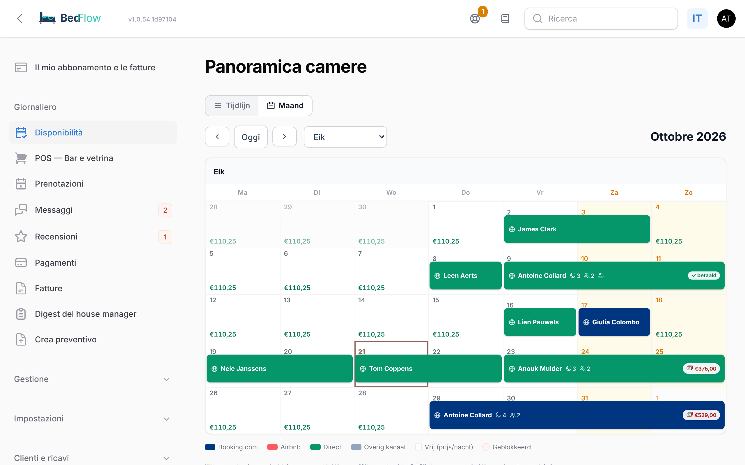 La panoramica camere in vista mensile con una fascia per prenotazione