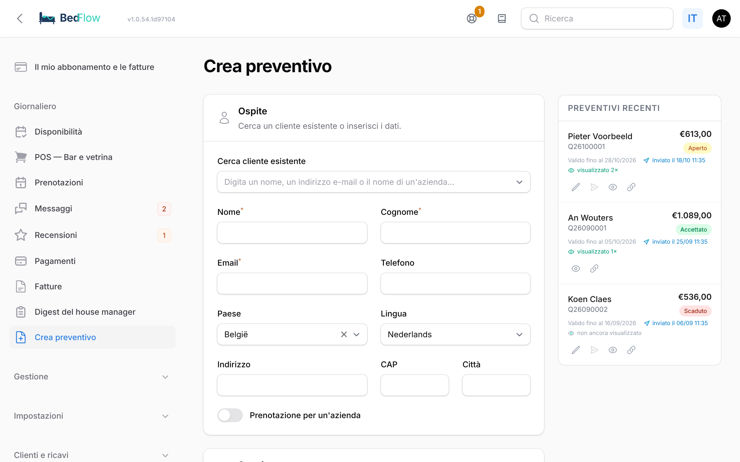 Il modulo del preventivo con ospite, soggiorni, camere e sconto extra, e i preventivi recenti a destra