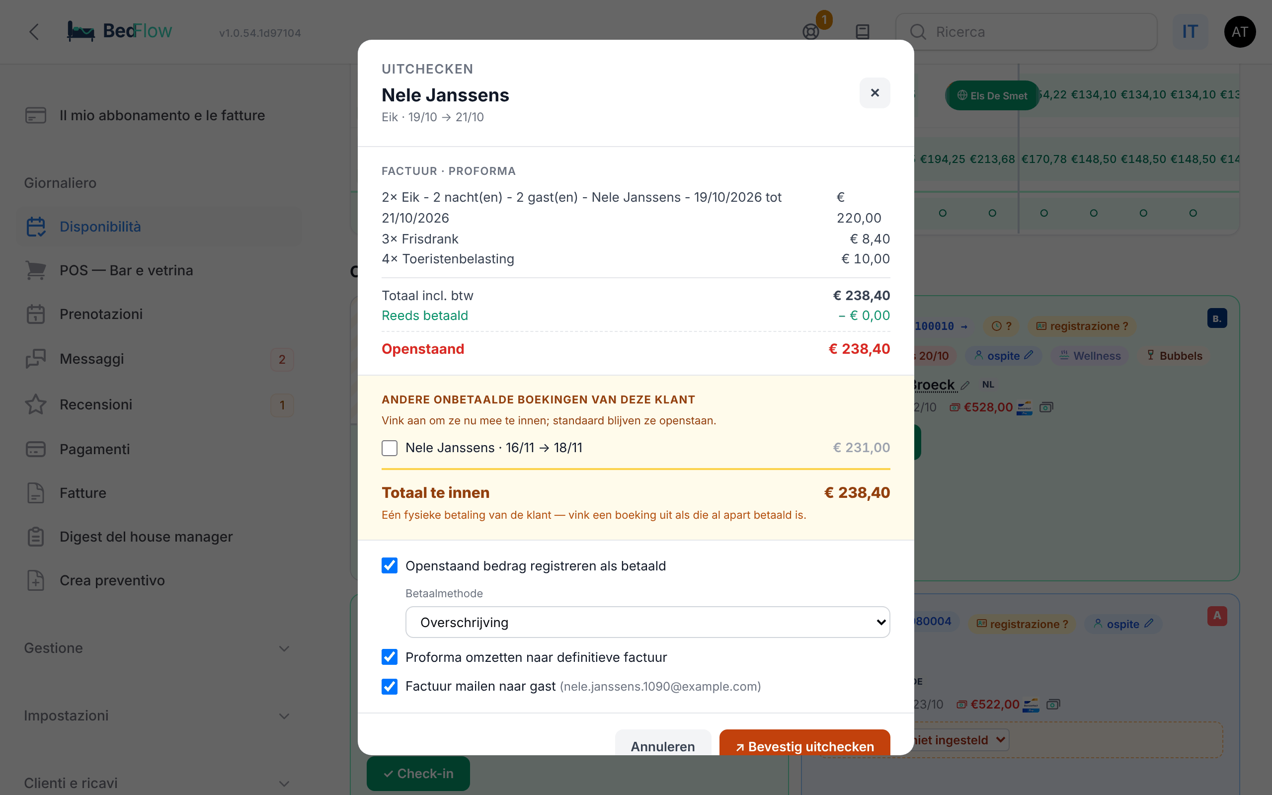 La finestra di check-out con la fattura, l'importo in sospeso, il metodo di pagamento e le caselle da spuntare