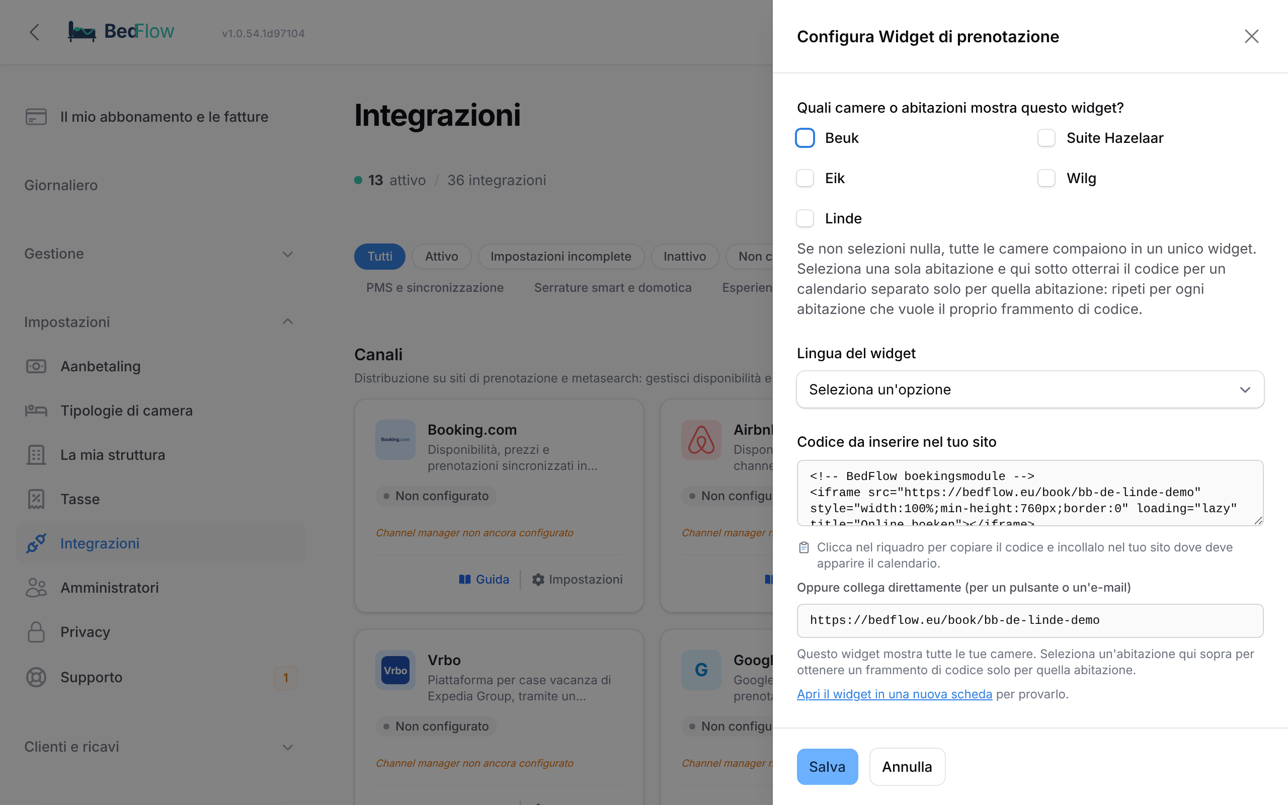 La finestra Configura widget di prenotazione con camere, lingua, codice di incorporamento e limiti di prenotazione