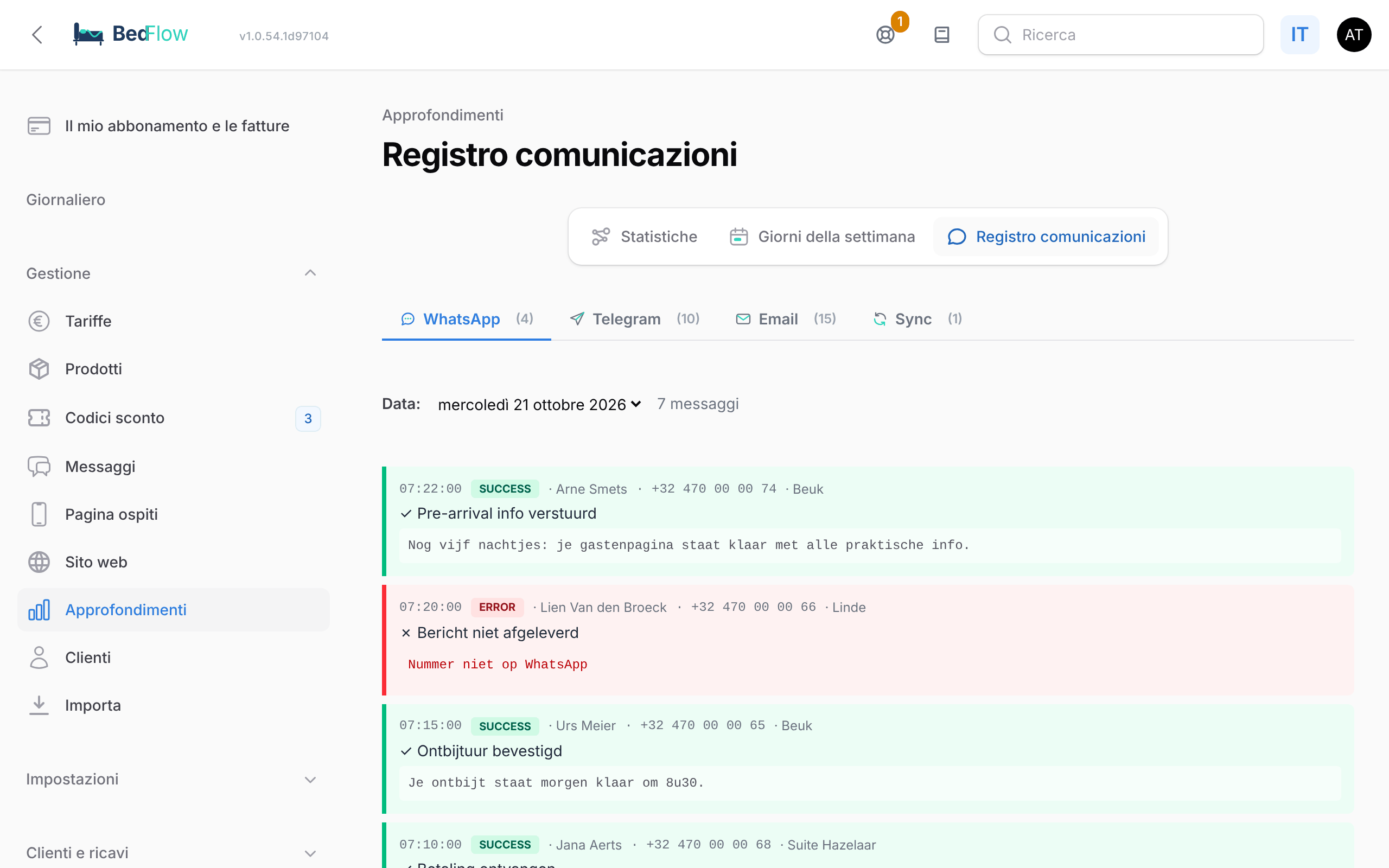 Il Registro comunicazioni con le quattro schede WhatsApp, Telegram, E-mail e Sincronizzazione
