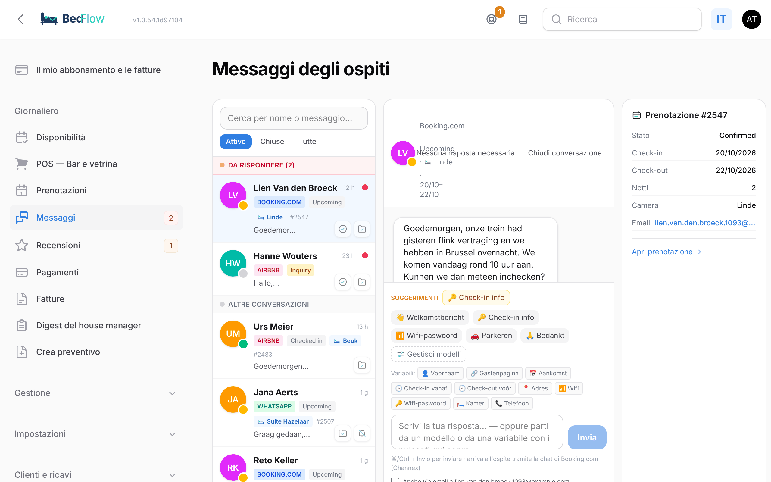 L'inbox degli ospiti con le conversazioni a sinistra, la conversazione al centro e la prenotazione a destra