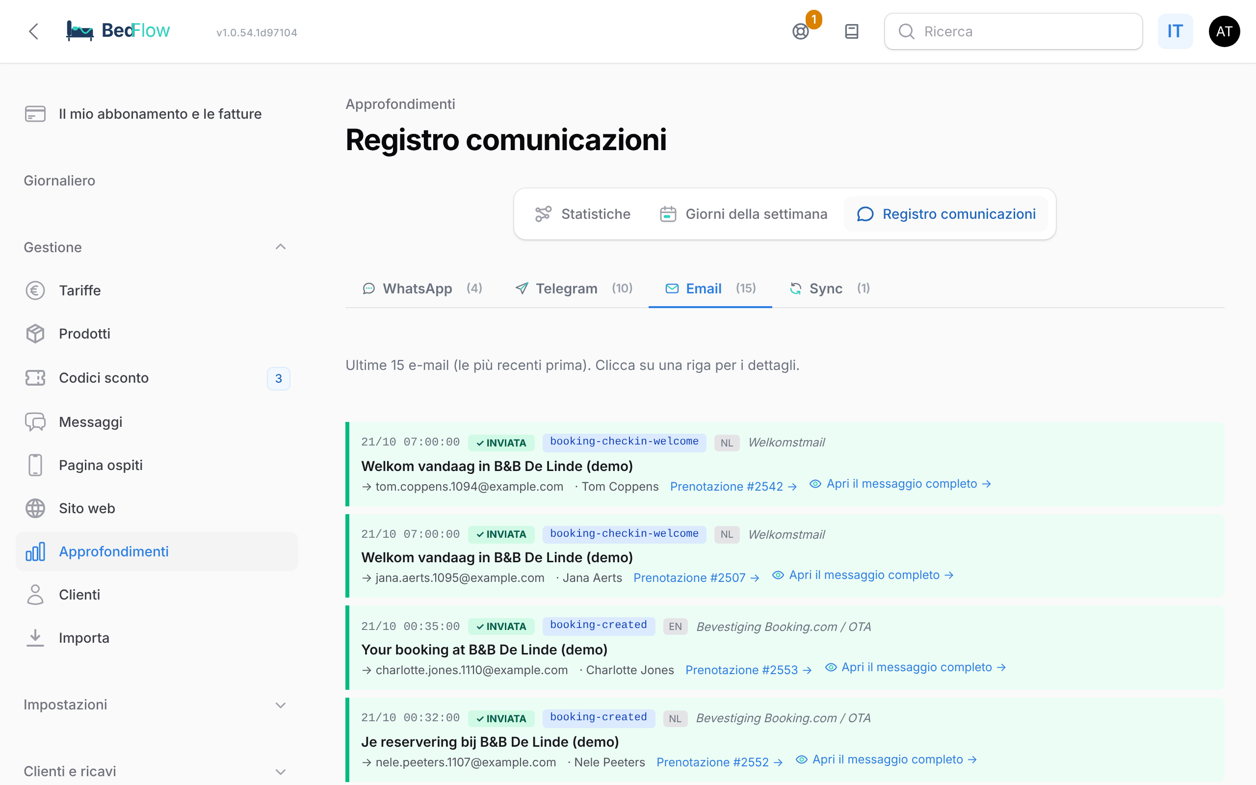 La scheda E-mail del Registro comunicazioni con le e-mail inviate e un'anteprima espansa