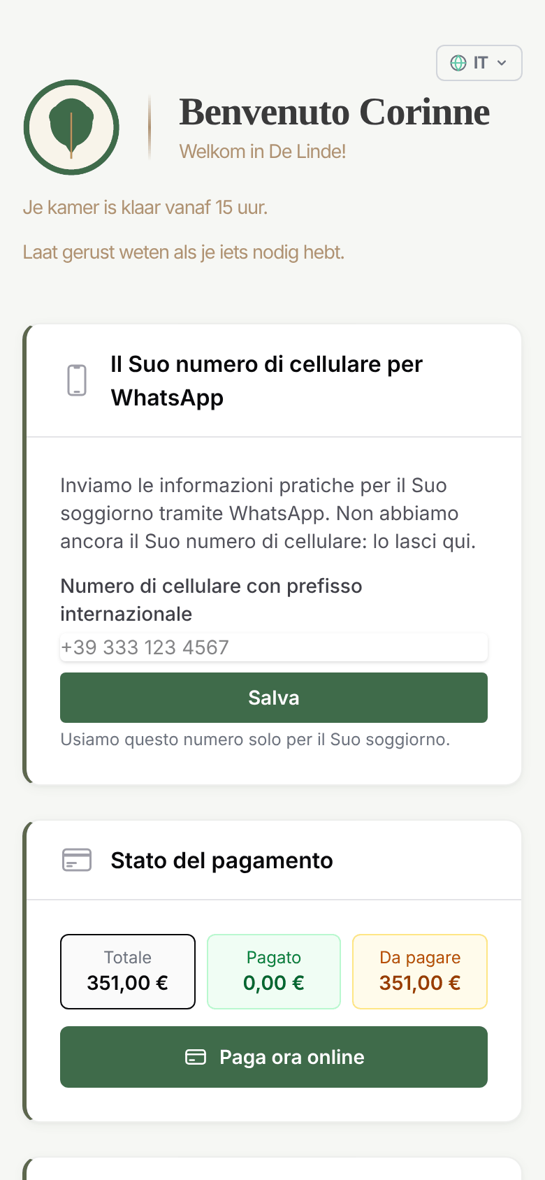 La pagina ospiti su un telefono, prima dell'arrivo