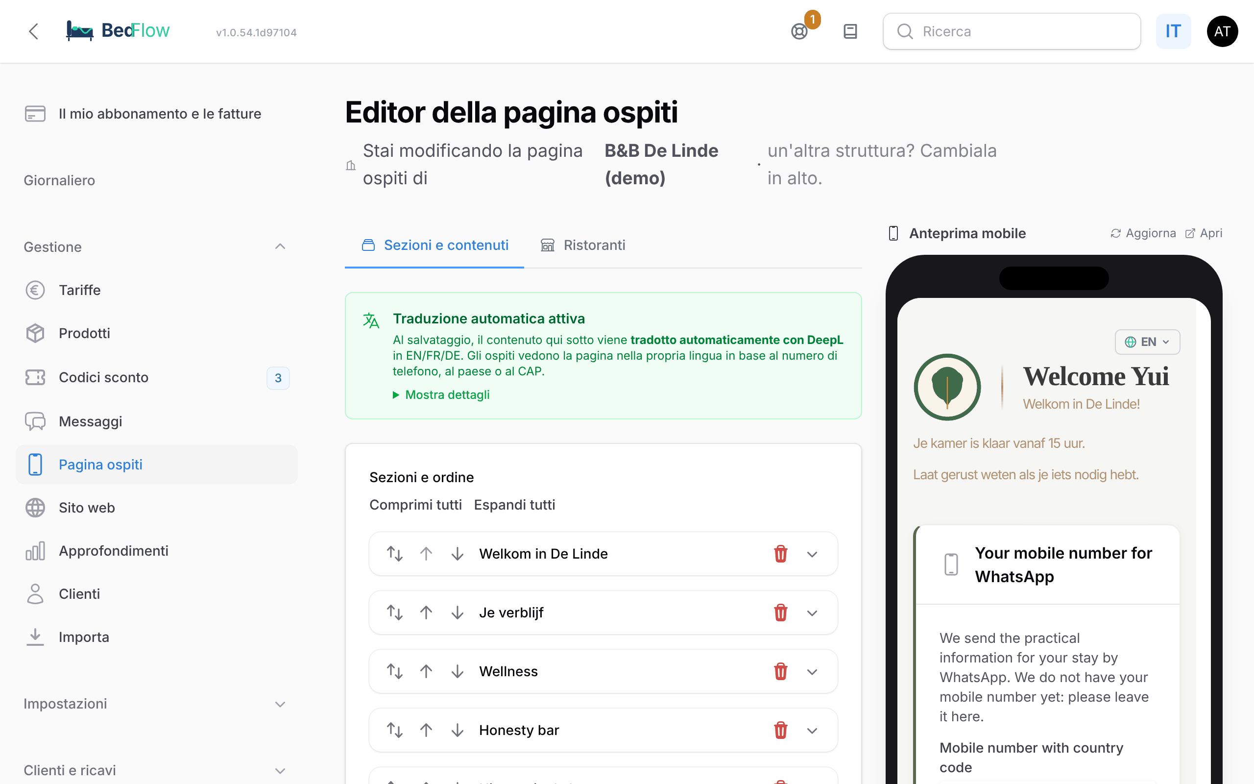 L'Editor della pagina ospiti con le sezioni a sinistra e l'anteprima mobile a destra