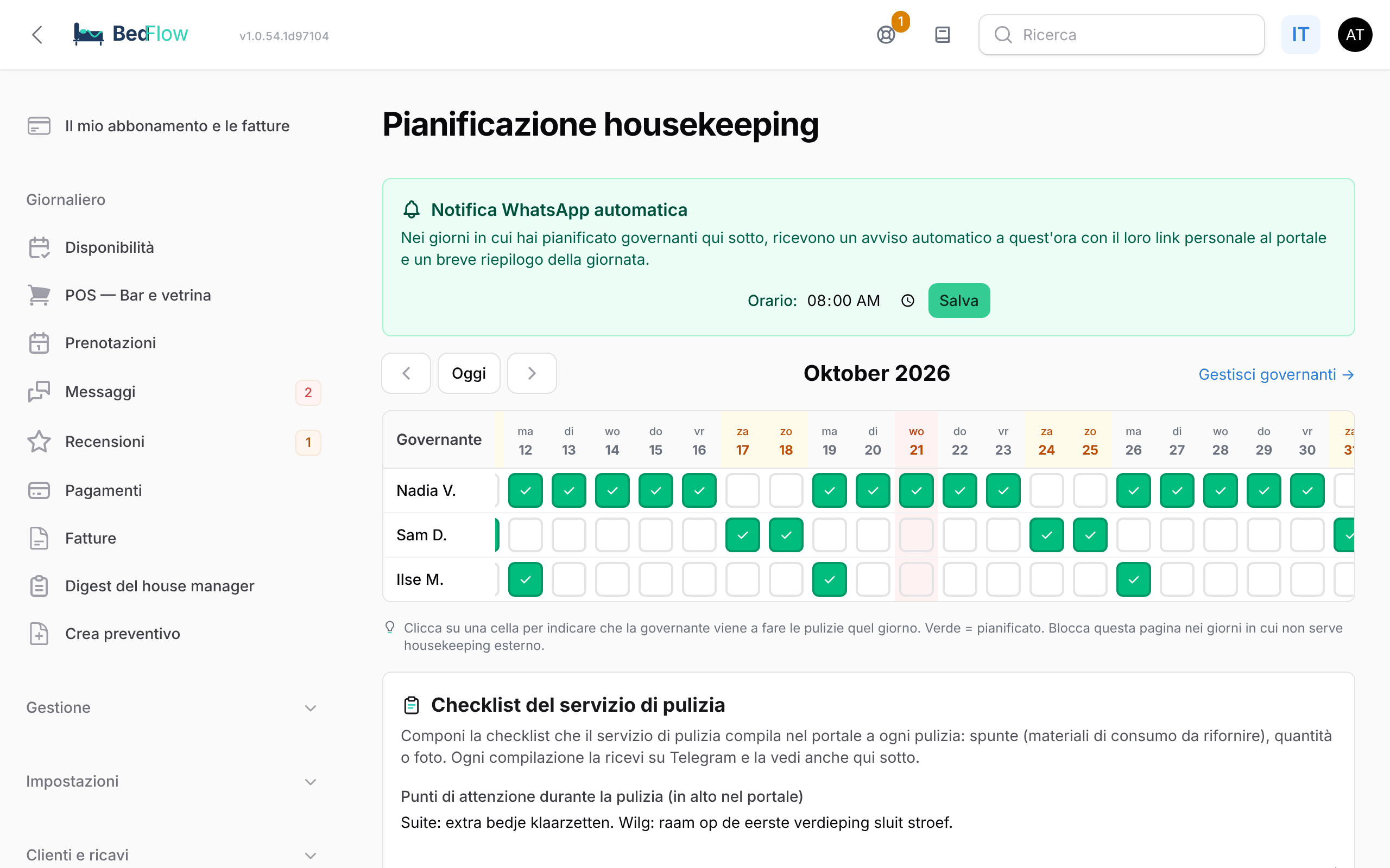 Pianificazione housekeeping con una riga per governante e una colonna per giorno