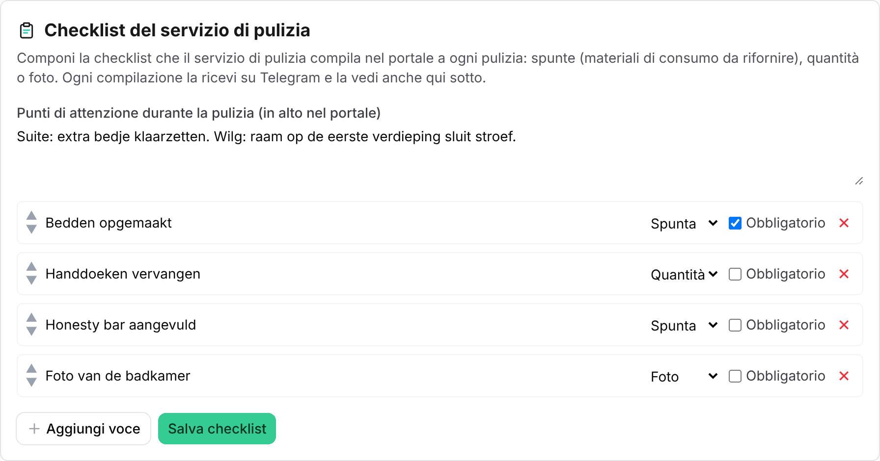 Il blocco Checklist del servizio di pulizia con voci di tipo Spunta, Quantità e Foto
