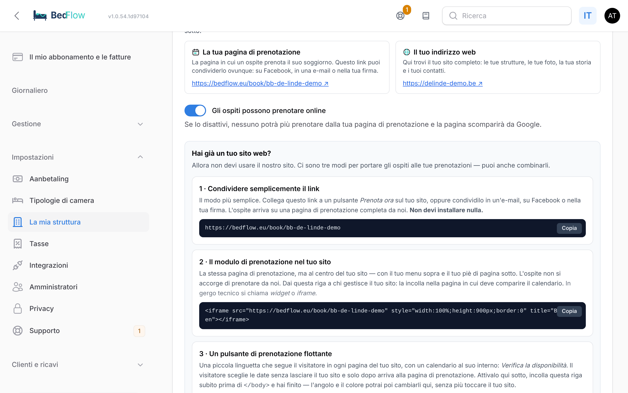 La sezione Sito web e pagina di prenotazione con i record DNS e la checklist
