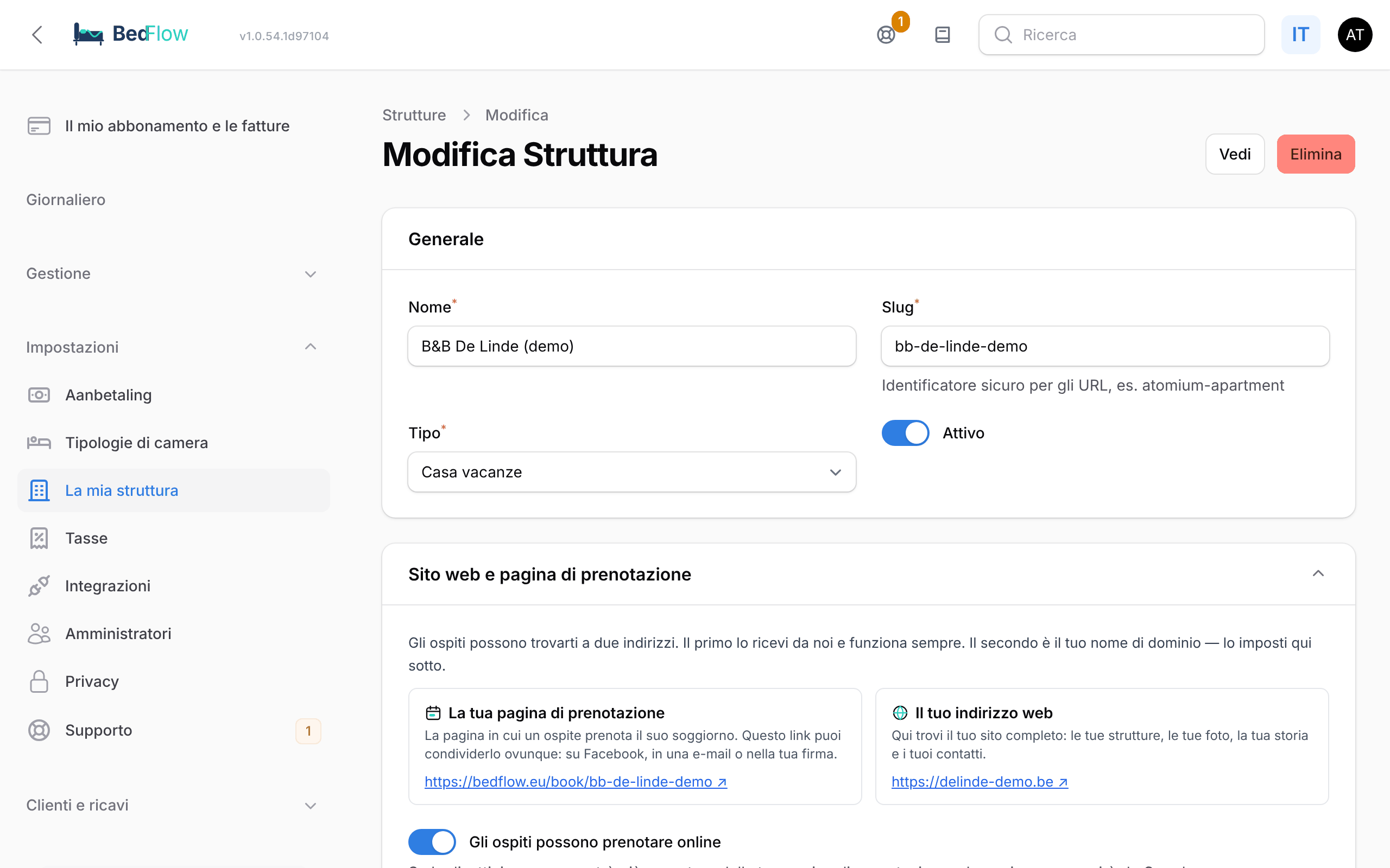 Il modulo della struttura con Tipo = Casa vacanze