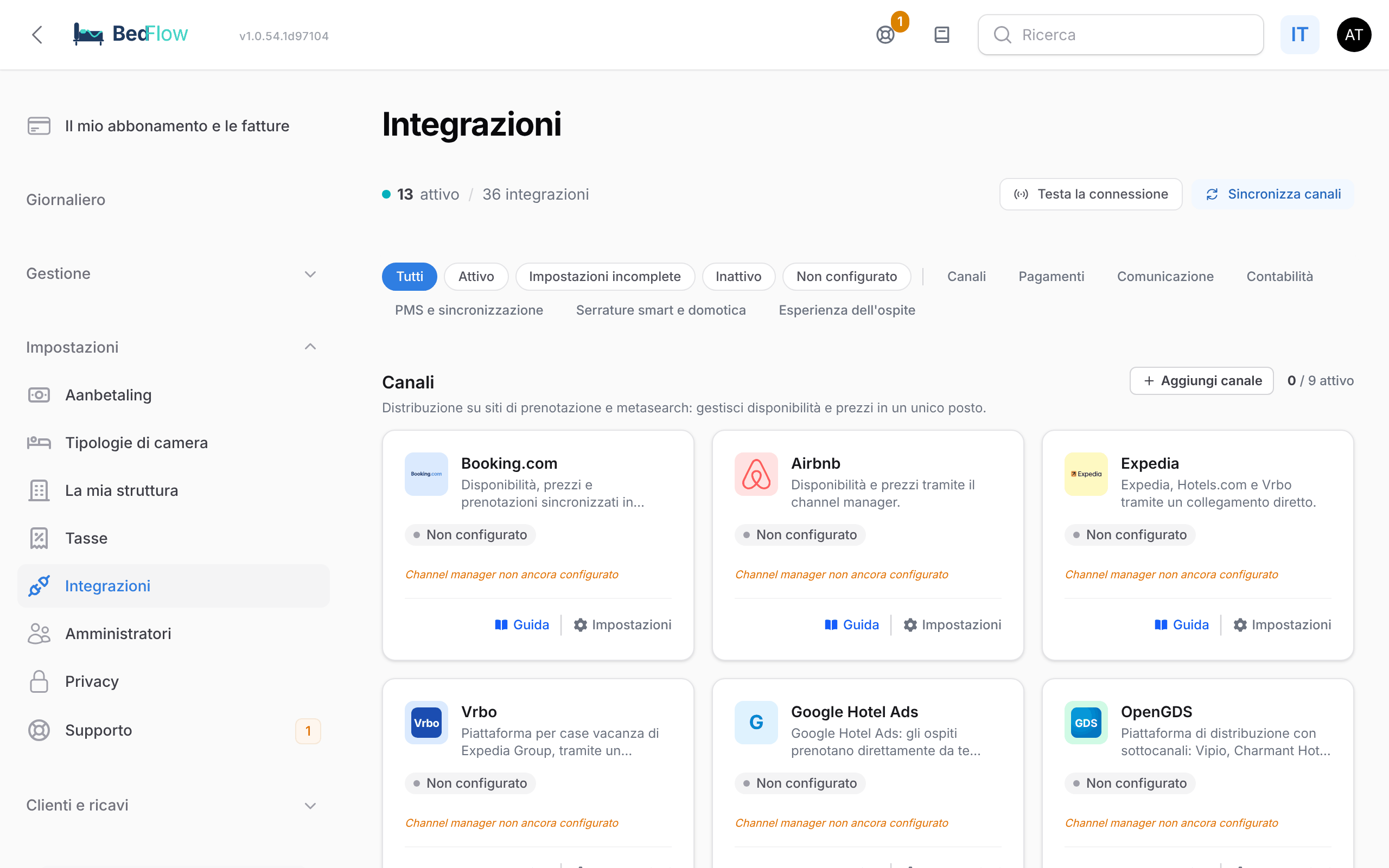 La pagina Integrazioni con la barra dei filtri e i riquadri per categoria