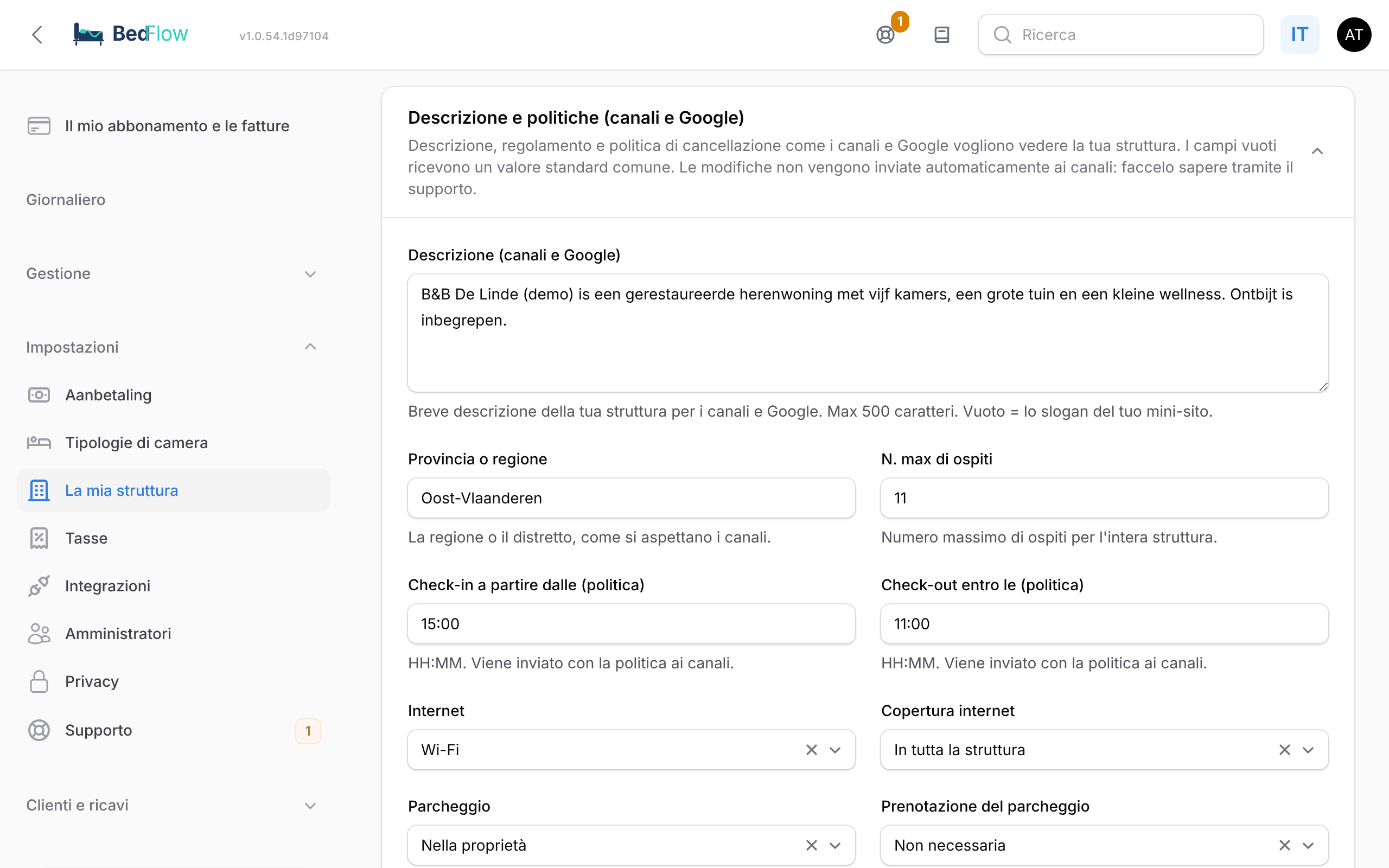 La sezione Contenuti e politiche (OTA / Google) in La mia struttura