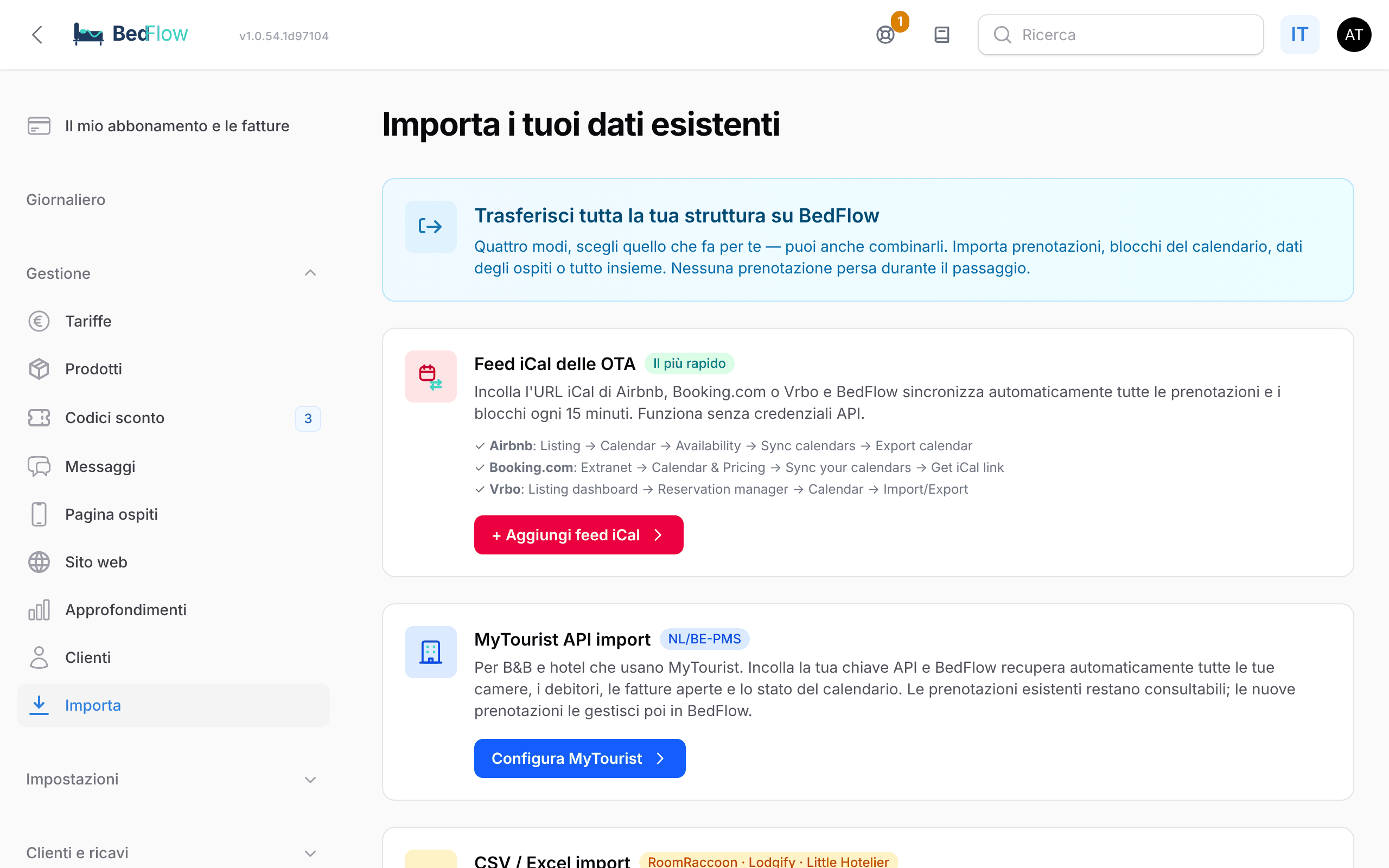 La pagina Importa i tuoi dati esistenti con quattro riquadri