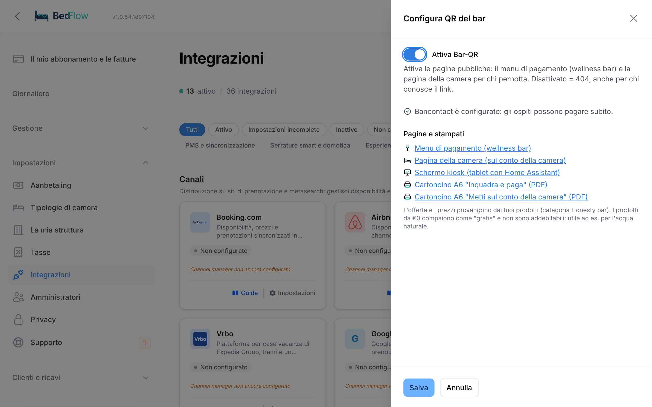 Le impostazioni del QR del bar con i link al menu di pagamento, alla pagina della camera, allo schermo kiosk e ai cartoncini