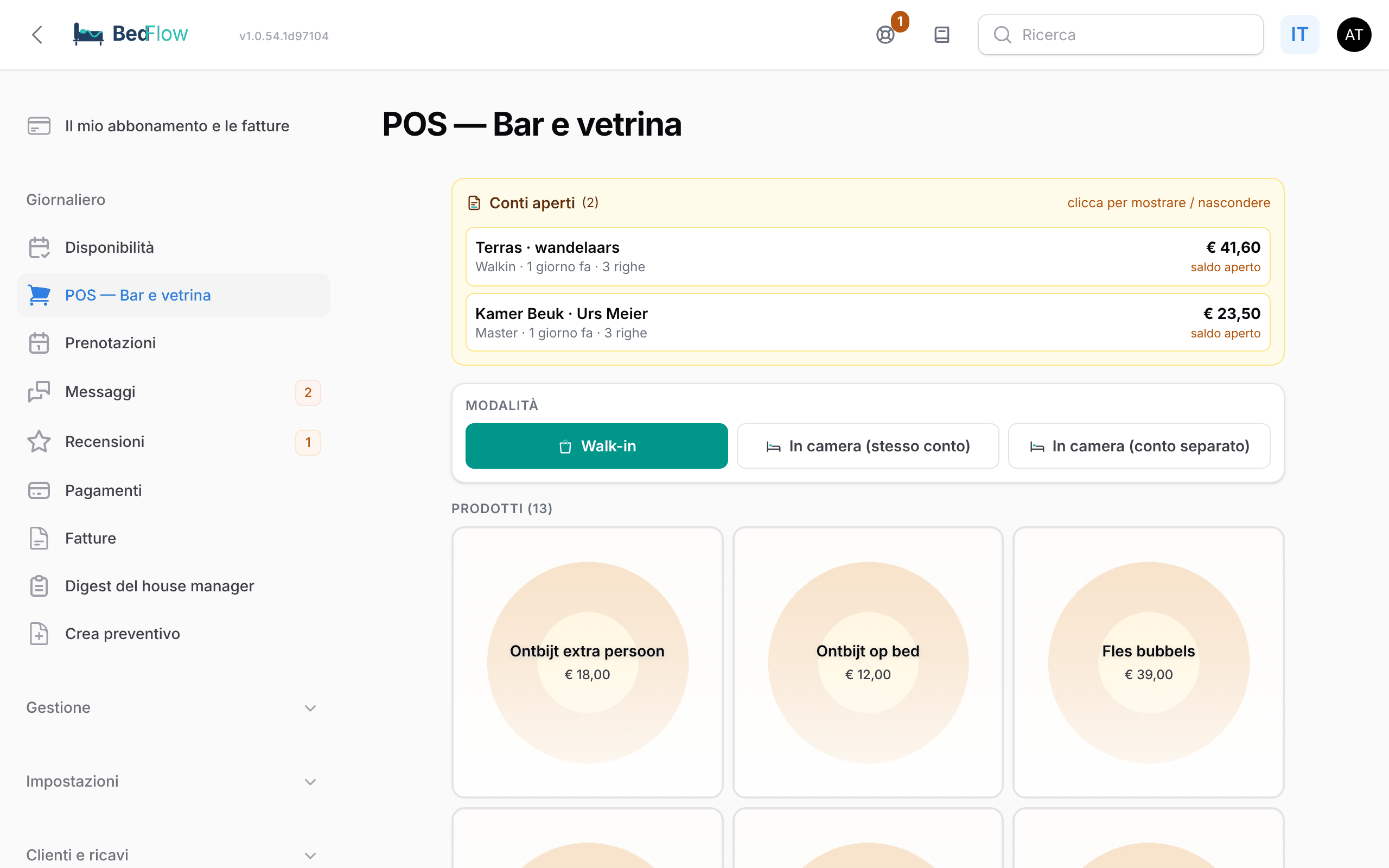 Il POS con la scelta della modalità, il conto attivo e i prodotti