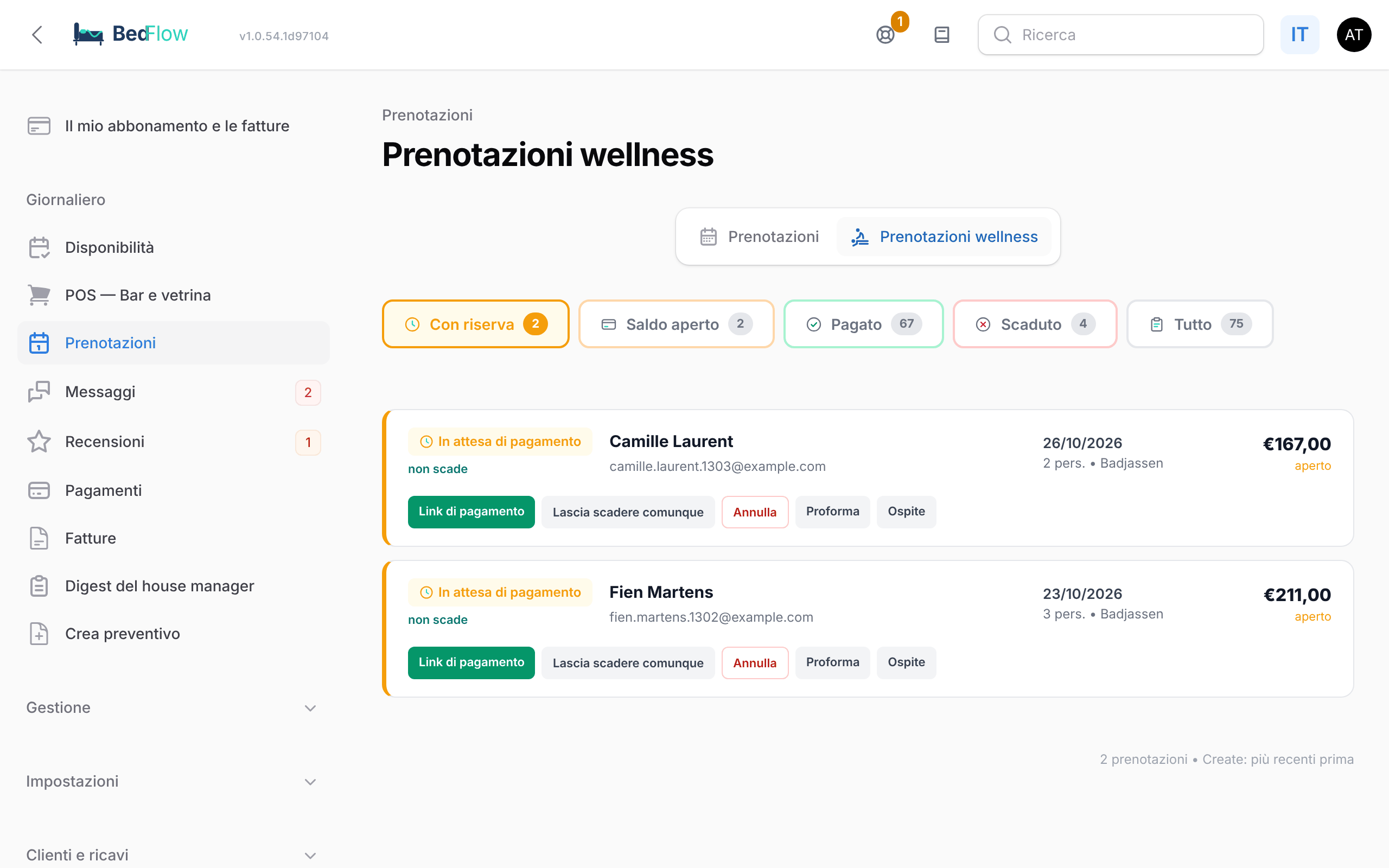 La scheda Prenotazioni wellness con le sessioni, il loro stato e i pulsanti per ogni prenotazione