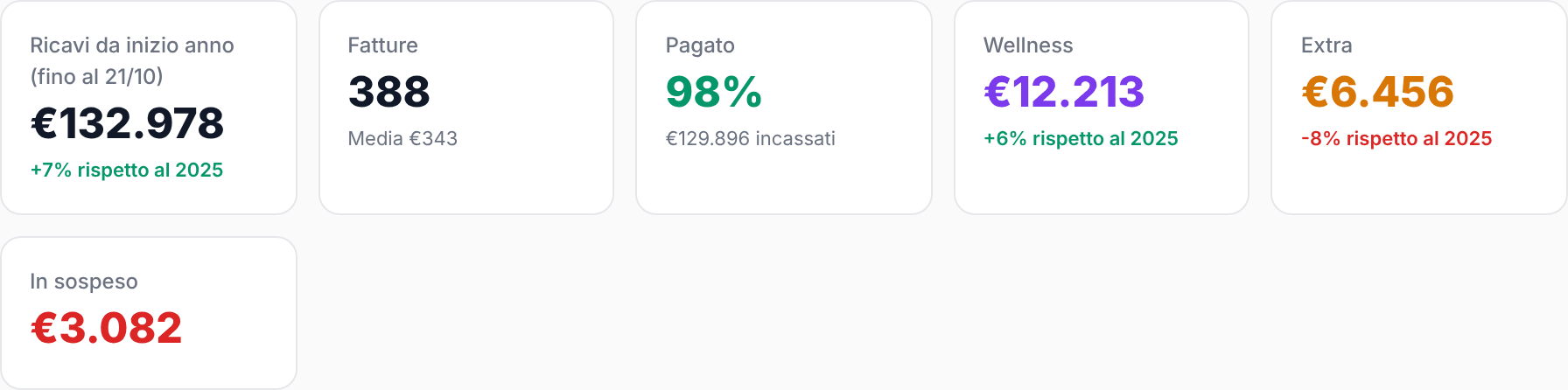 I sei indicatori chiave: fatturato, fatture, pagato, wellness, extra e da pagare