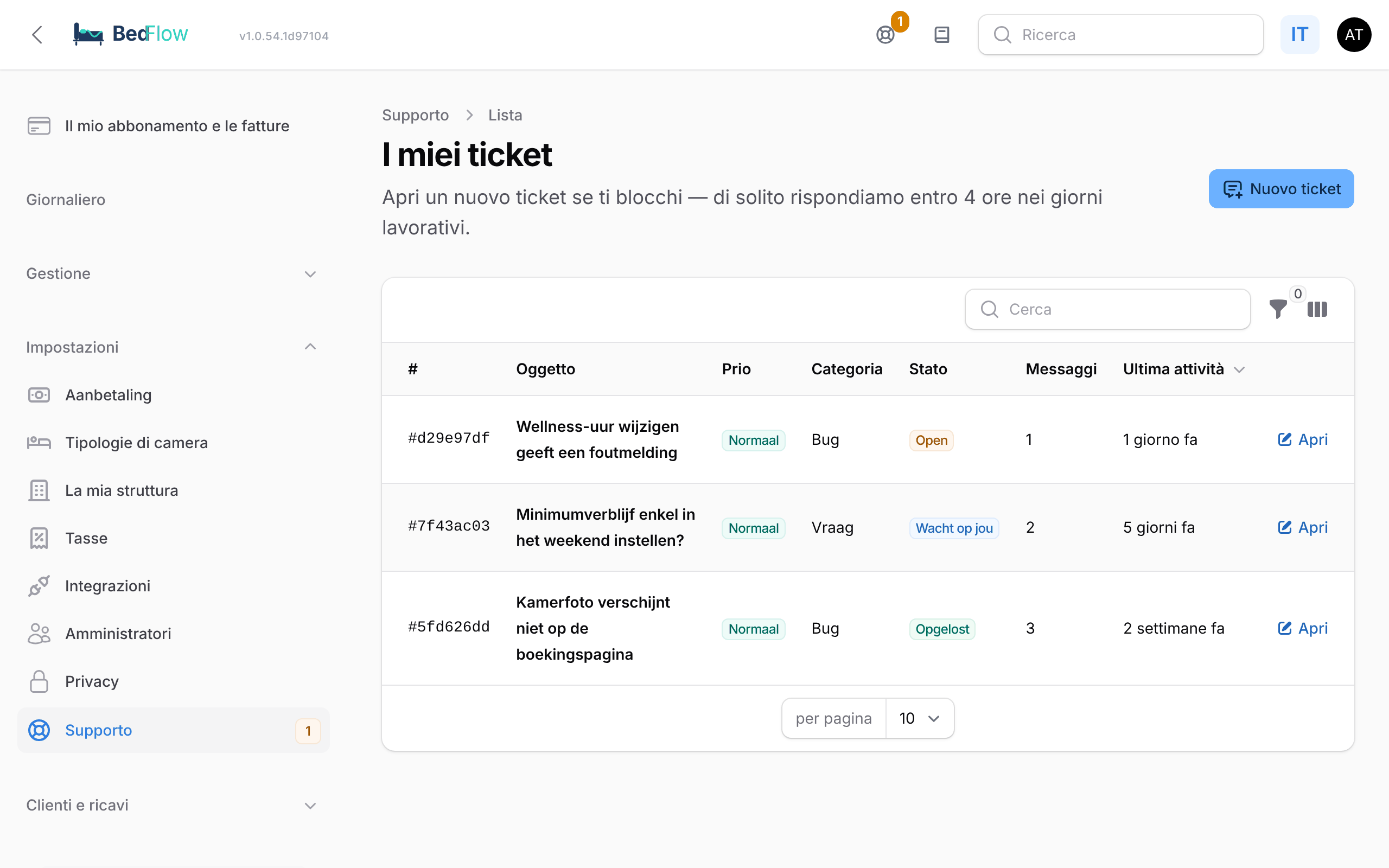 L'elenco I miei ticket con stato e priorità