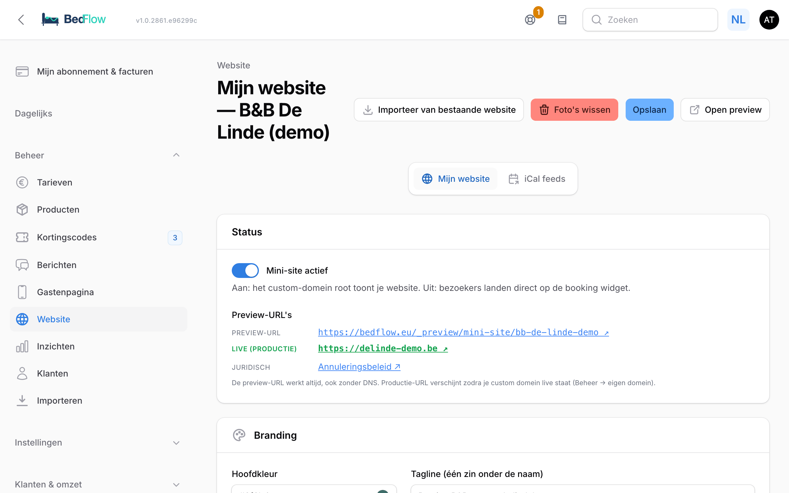 De pagina Mijn website met de secties onder elkaar