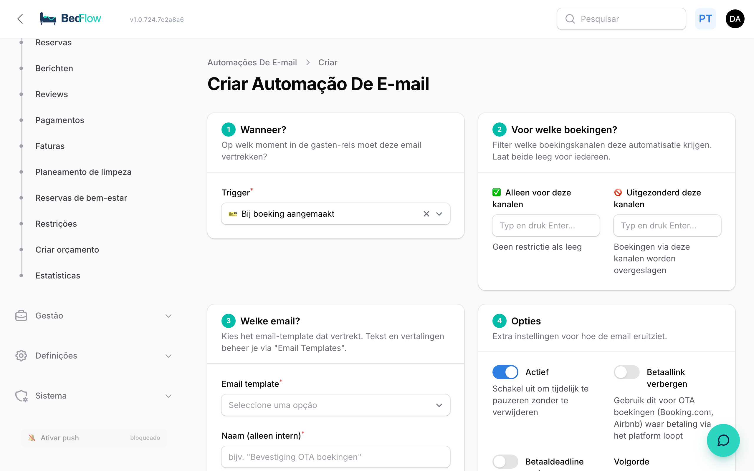 Criar uma nova automatização — trigger, público-alvo, template