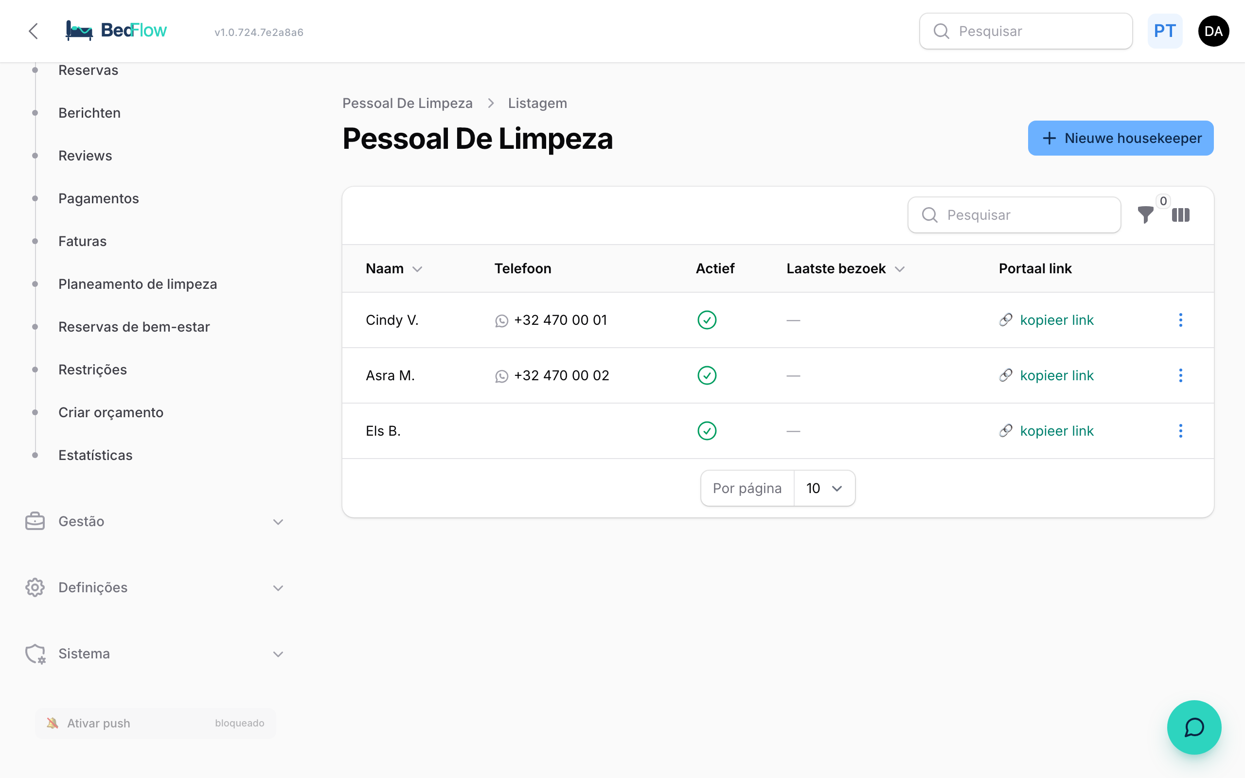 Módulo de limpeza — ativar