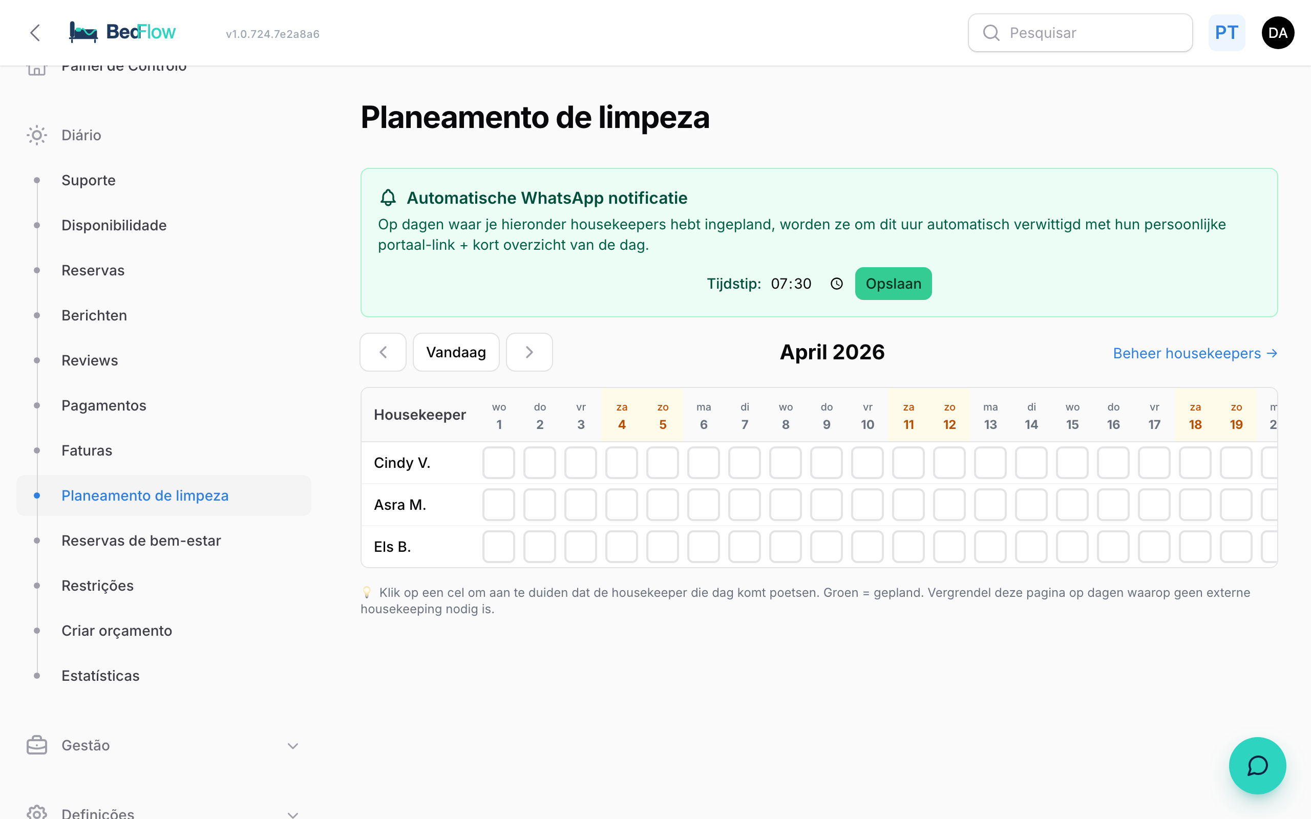 Planeamento — quem limpa quando?