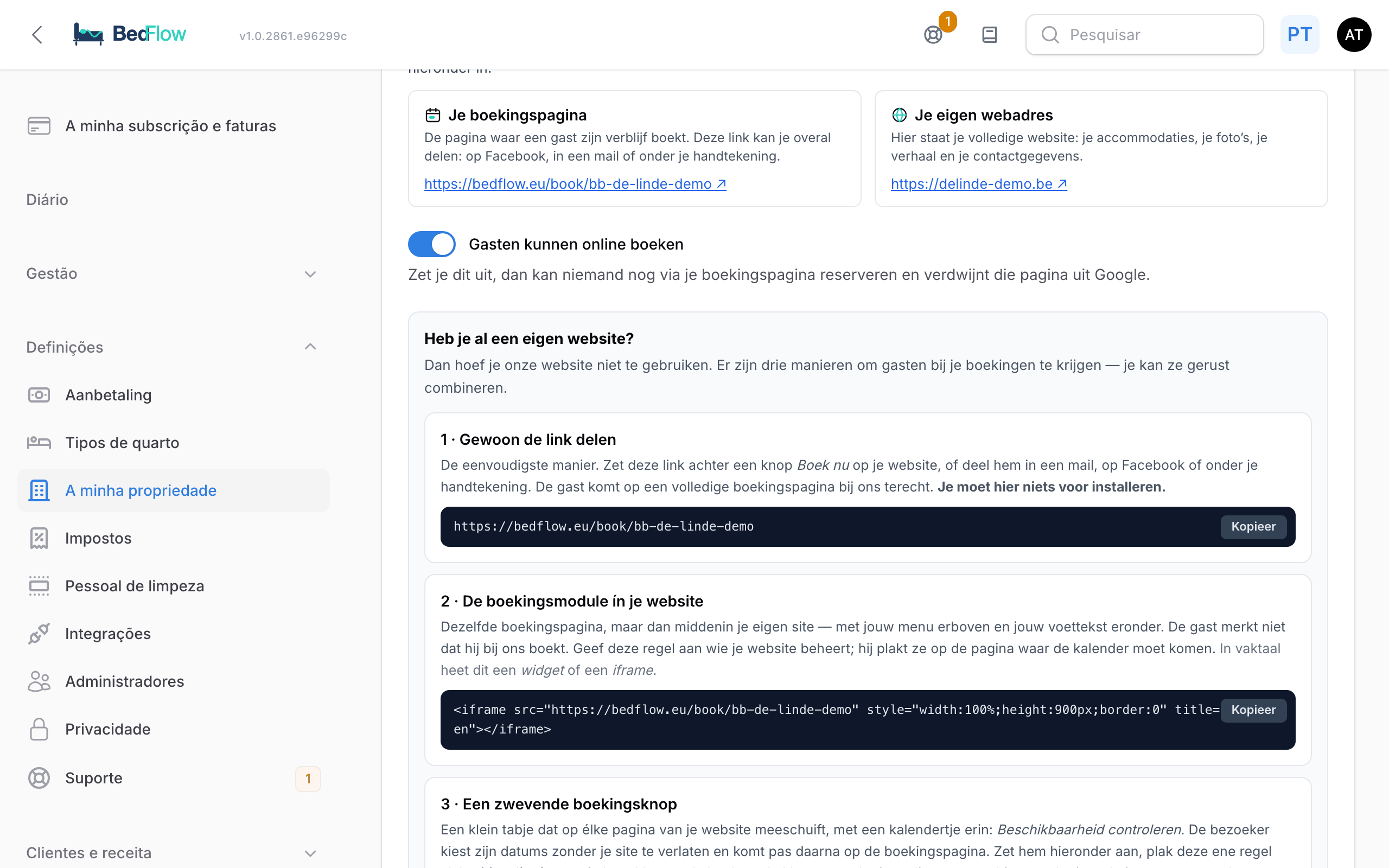 A secção Site e página de reservas com os registos DNS e a lista de verificação
