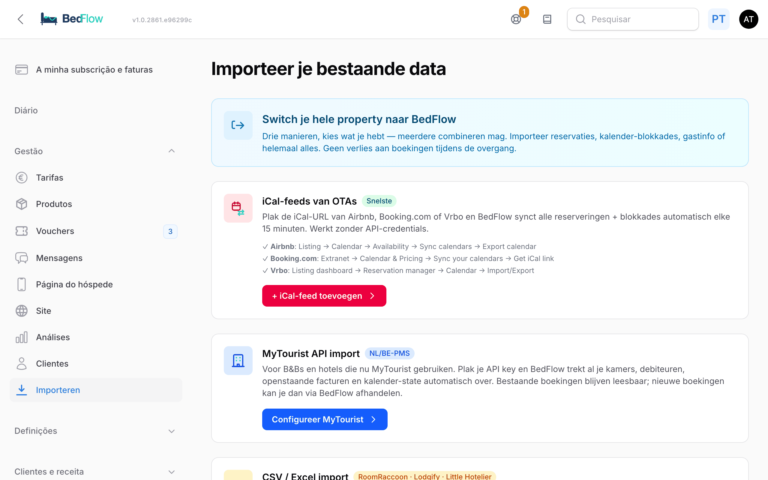 A página Importe os seus dados existentes com quatro mosaicos
